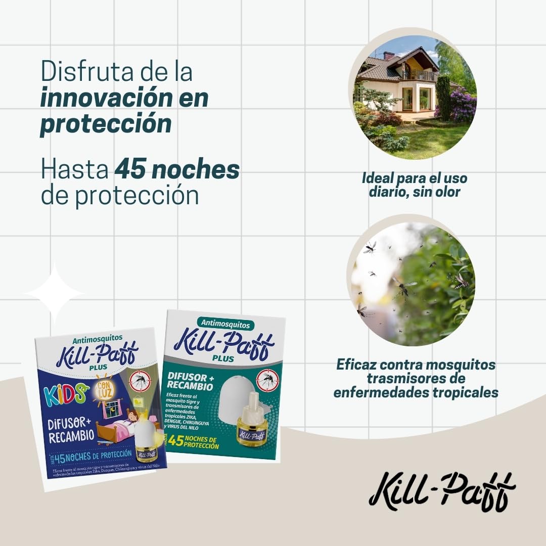 KILL-PAFF KIDS |Insecticida Eléctrico |Antimosquitos |Eficaz Contra Mosquito Tigre y Transmisores de Enfermedades Tropicales |Sin Olor|45 Noches de Protección |Contenido: 1 Dif + 1 Rec
