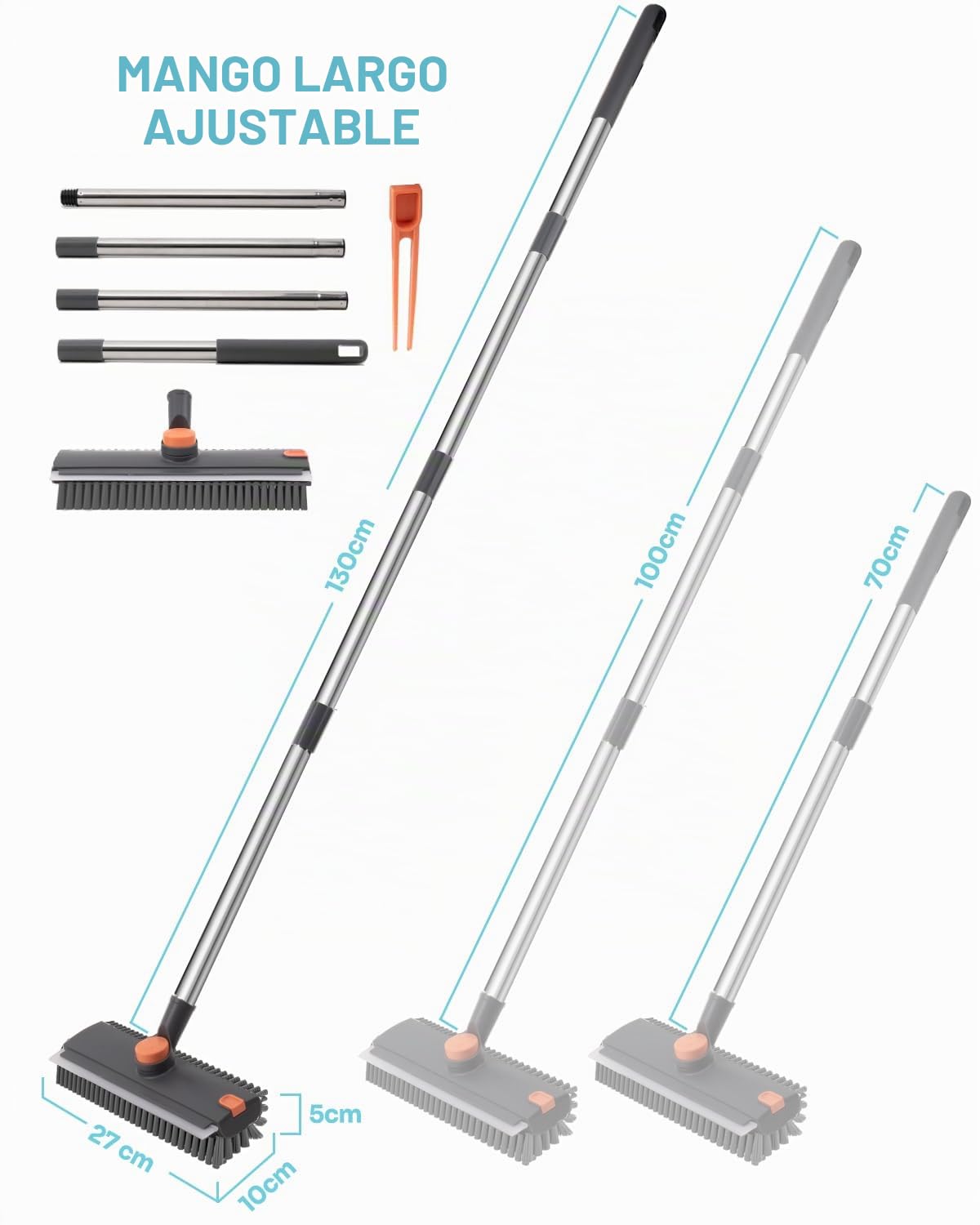 Cepillo para fregar el suelo con mango largo ajustable (70/100/130 cm), fregador de suelos 3 en 1 con pinzas, cerdas rígidas y escobilla de goma, cepillo de suelo para la limpieza de terraza, baño