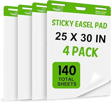 Sticky Easel Pad 25 in x 30 in, 35 Sheets/Pad, 4 Pads/Pack, 140 Sheets, Large White Sticky Easel Paper for Office and Classrooms, Flip Chart Paper for Teachers,Super Sticking Power & Bleed-Resistant
