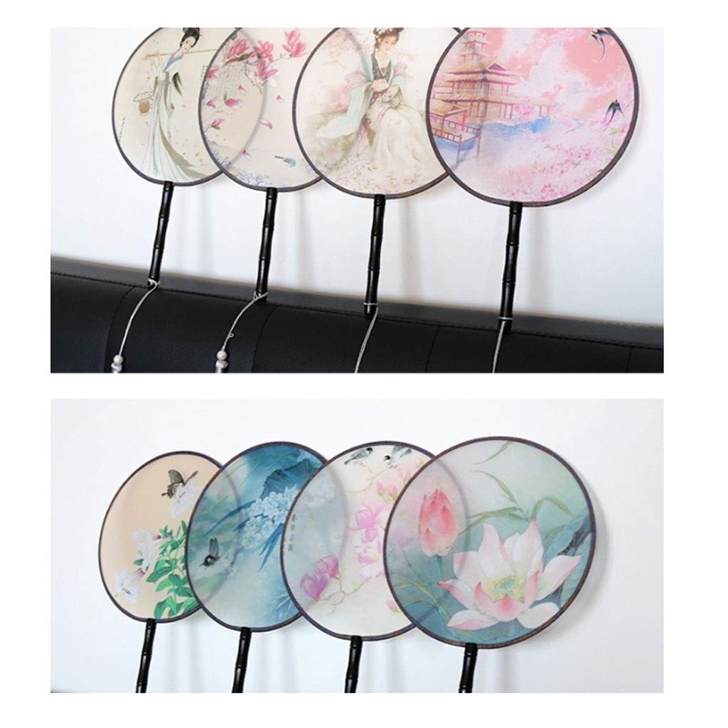 Abanicos plegables decorativos Abanicos de mano Estilo chino Bordado clásico Seda Redondo Palacio Abanico Mujer Mango largo Abanico de baile antiguo for decoración de pared Regalo Abanico de mano(Gray