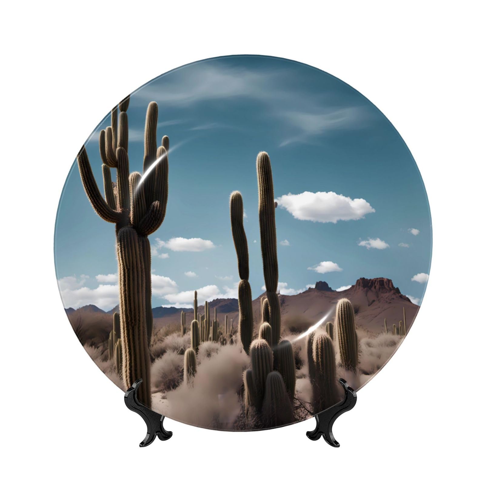 SXZVVBN beautiful cactus Bone China Decorative Plate Art with Stand Removable Adhesive Hanging for Home Office 8in（20cm）