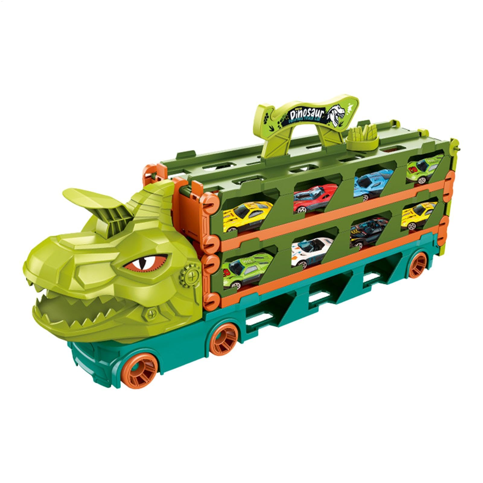 Camión portacoches de dinosaurio,Camión portacoches de dinosaurio - Transportador de coches de dinosaurio plegable con pista de carreras de 2 eyecciones - Camión transformador 2 en 1, juguete transpor