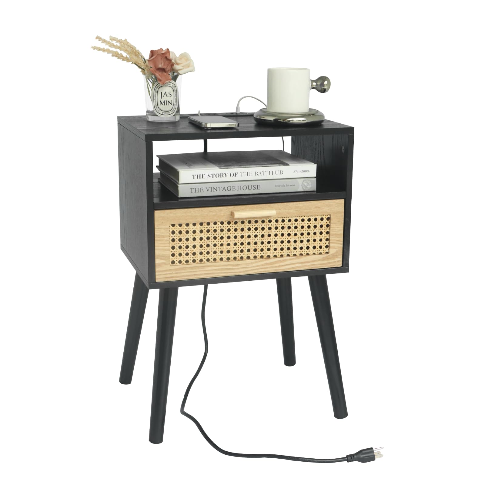 Photo 1 of **READ NOTES**MaxSmeo Mid Century Modern Nightstand with Charging Station, Bedside Tables with Rattan Drawer, Small Wood Nightstand Side Table for Living Room,Bedroom (Black) Top-black Charging Station