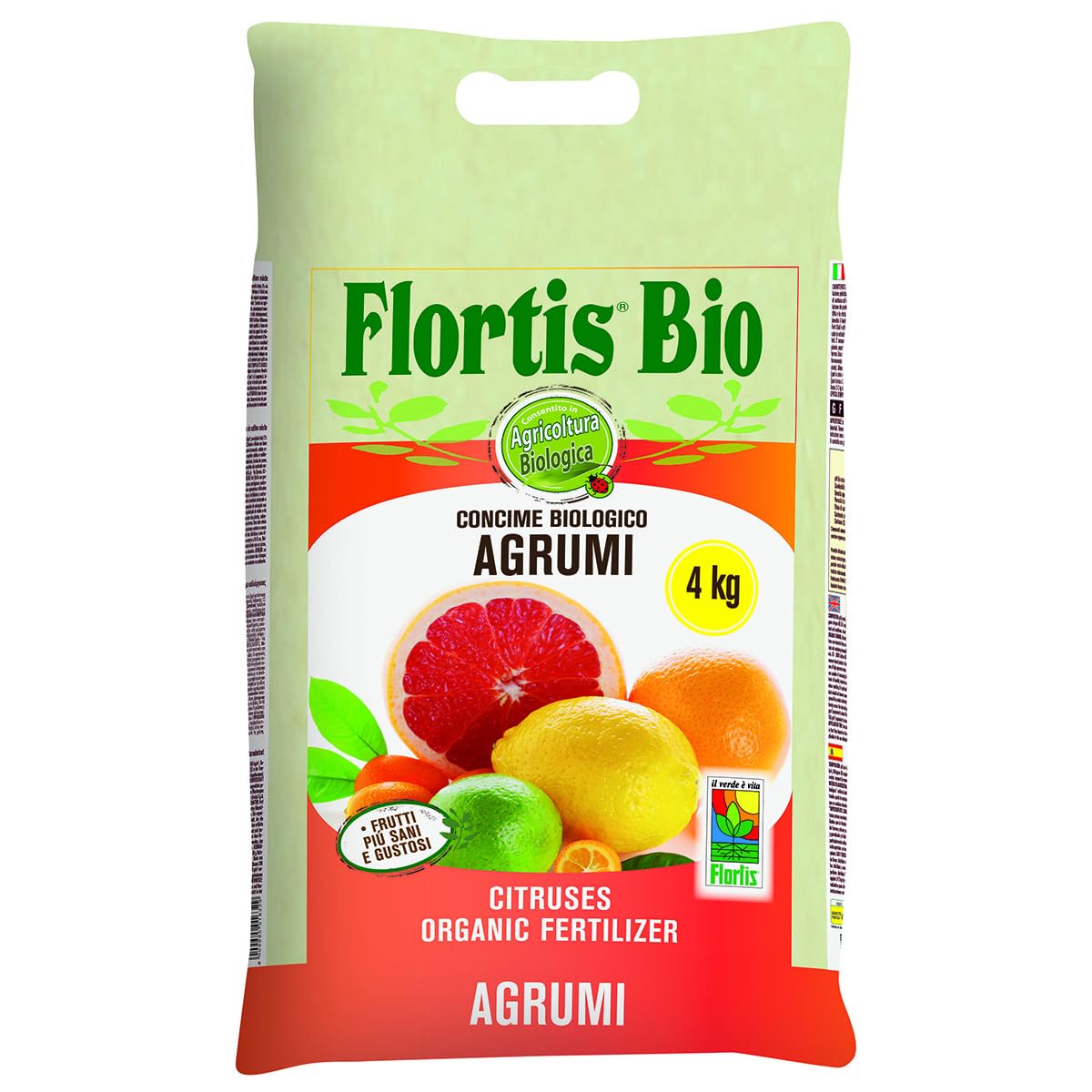 Flortis concime BIO per agrumi. Concime biologico a pellet, sacco da 4kg. Consentito in agricoltura biologica. Dose consigliata 50gr per 1 mq.