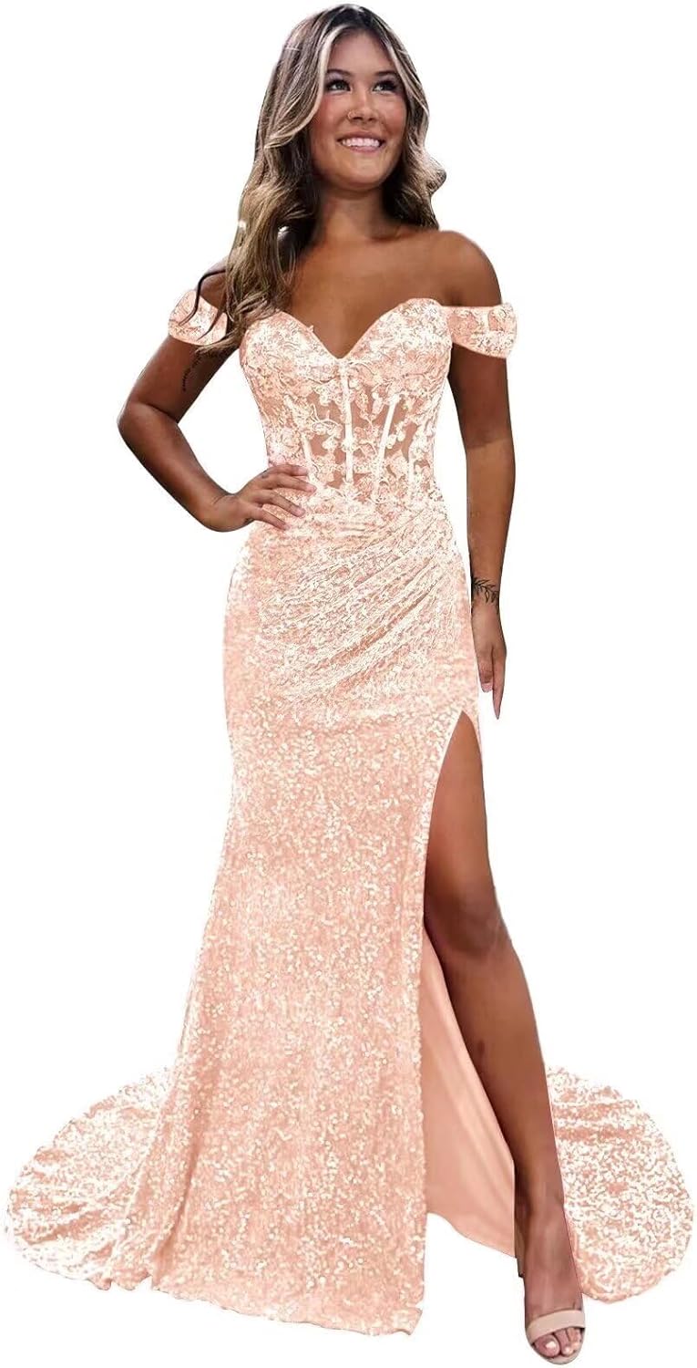 Women's Off Shoulder Mermaid Prom Dresses with Slit Long Ruched Sequin Lace Applique Formal Evening Gowns WA057