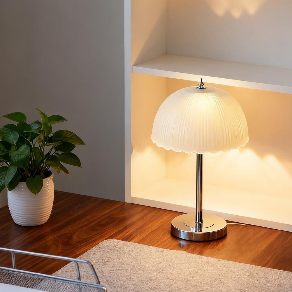 Moderne E27 Pilz Tischleuchte Tischlampe Glas Lampenschirm | mit Kabel Minimalistische Deko Nachttischlampe Metall Kleine Lampe für Schlafzimmer Bett Wohnzimmer mit Leuchtmittel