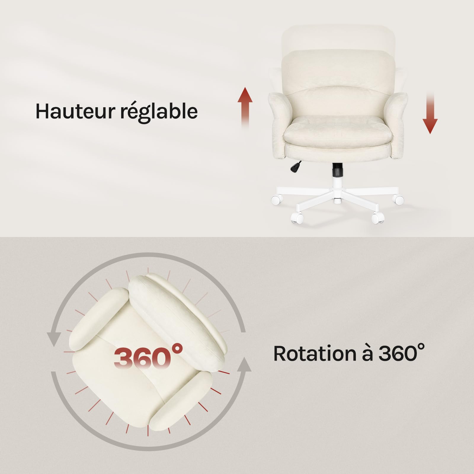 WOLTU Chaise de Bureau, Fauteuil de Bureau Ergonomique, Chenille, Beige | Accoudoirs Réglables sur 5 Niveaux, Pivotant, Double Coussin d'Assise, Poches Latérales et Hauteur Réglable