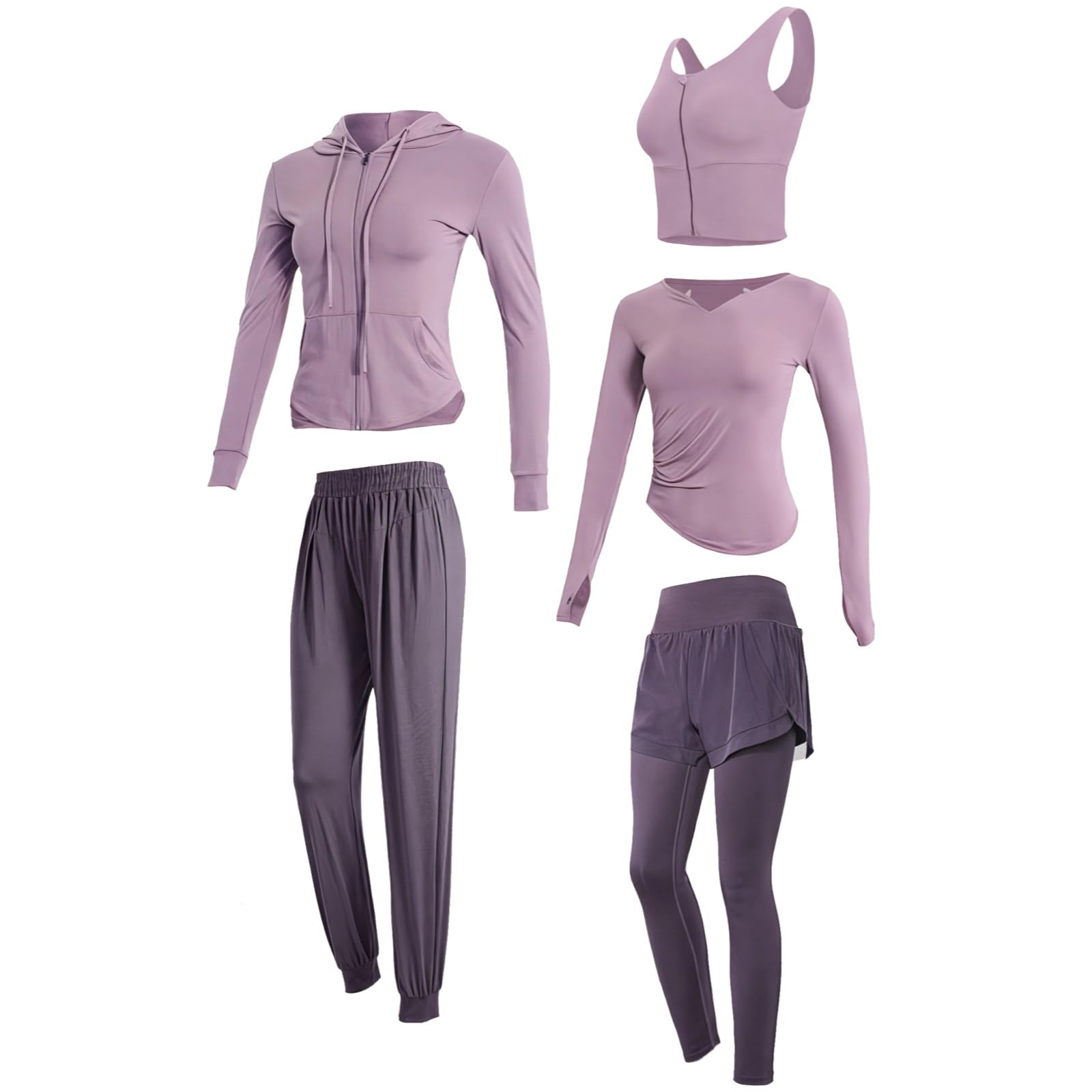 Womens Activewear Set 5-Piece Yoga Clothing With Long Sleeve Tops Breathable Stretchy Fabric Fits 5 Ft 0 In