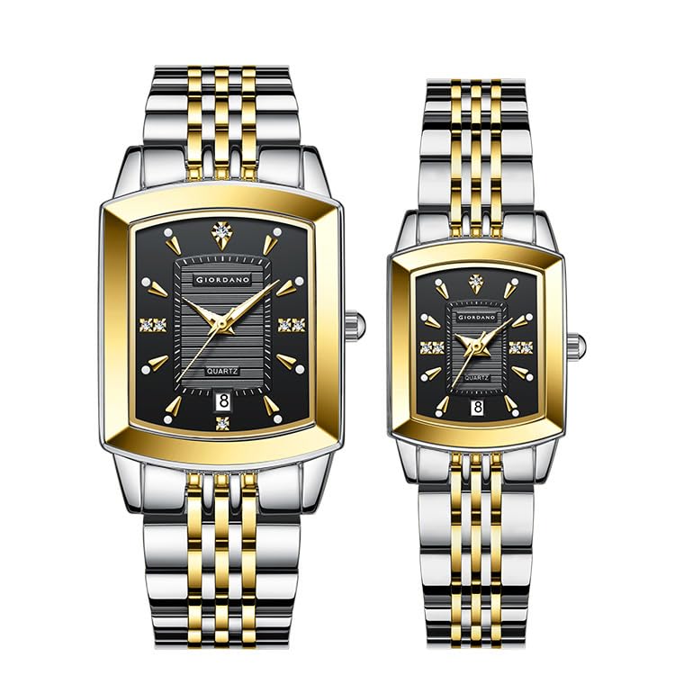 Image of Giordano Analog Pair Watch for Unisex with Square Dial, Crystal Indices, Date Display and Stainless Steel Strap