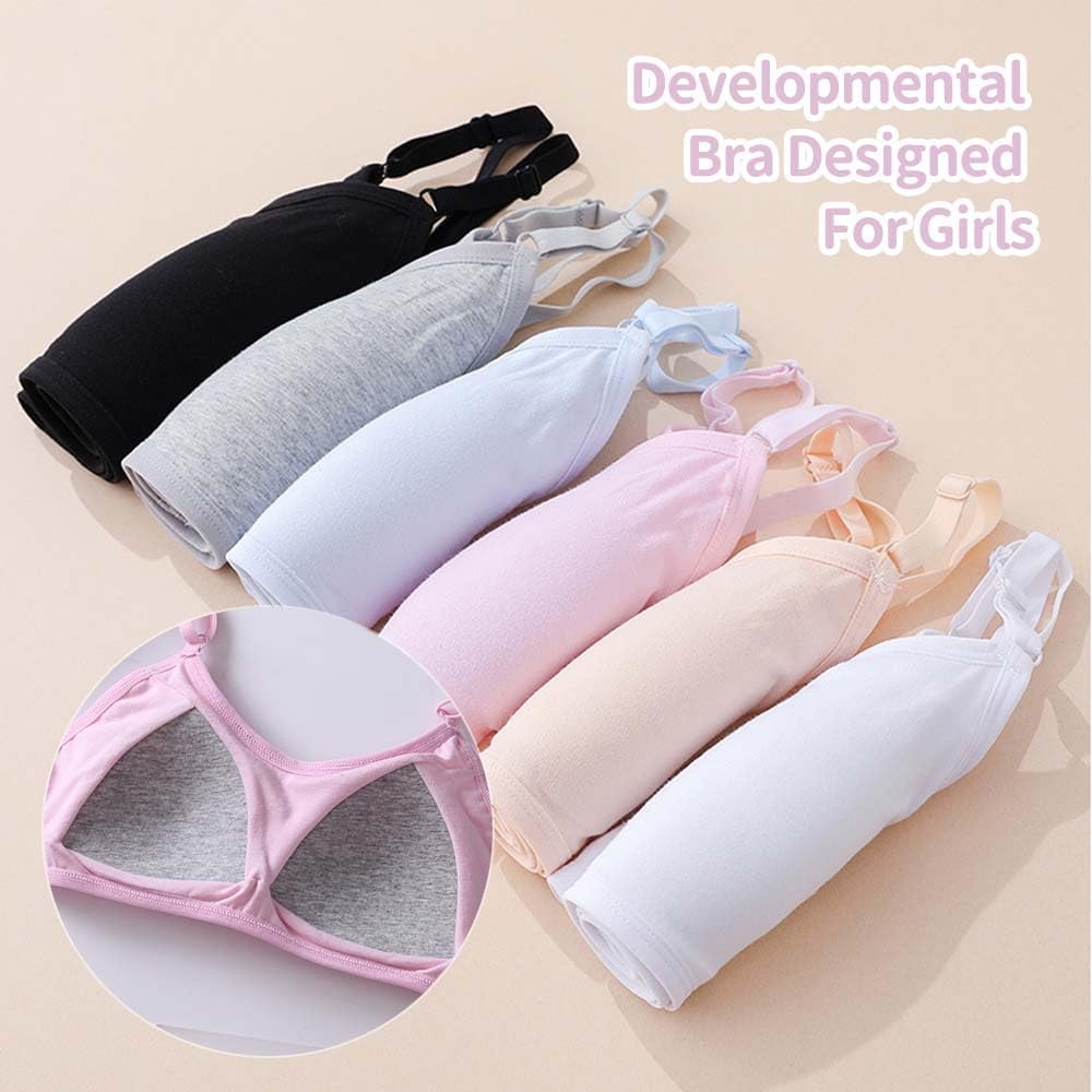 Pacco a 4 Reggiseno Sportivo per Ragazze Intimo in Cotone Tinta Unita Imbottitura Fissa e Spallacci Regolabili, Adatto per Bambini di età Compresa tra 10-18 Anni