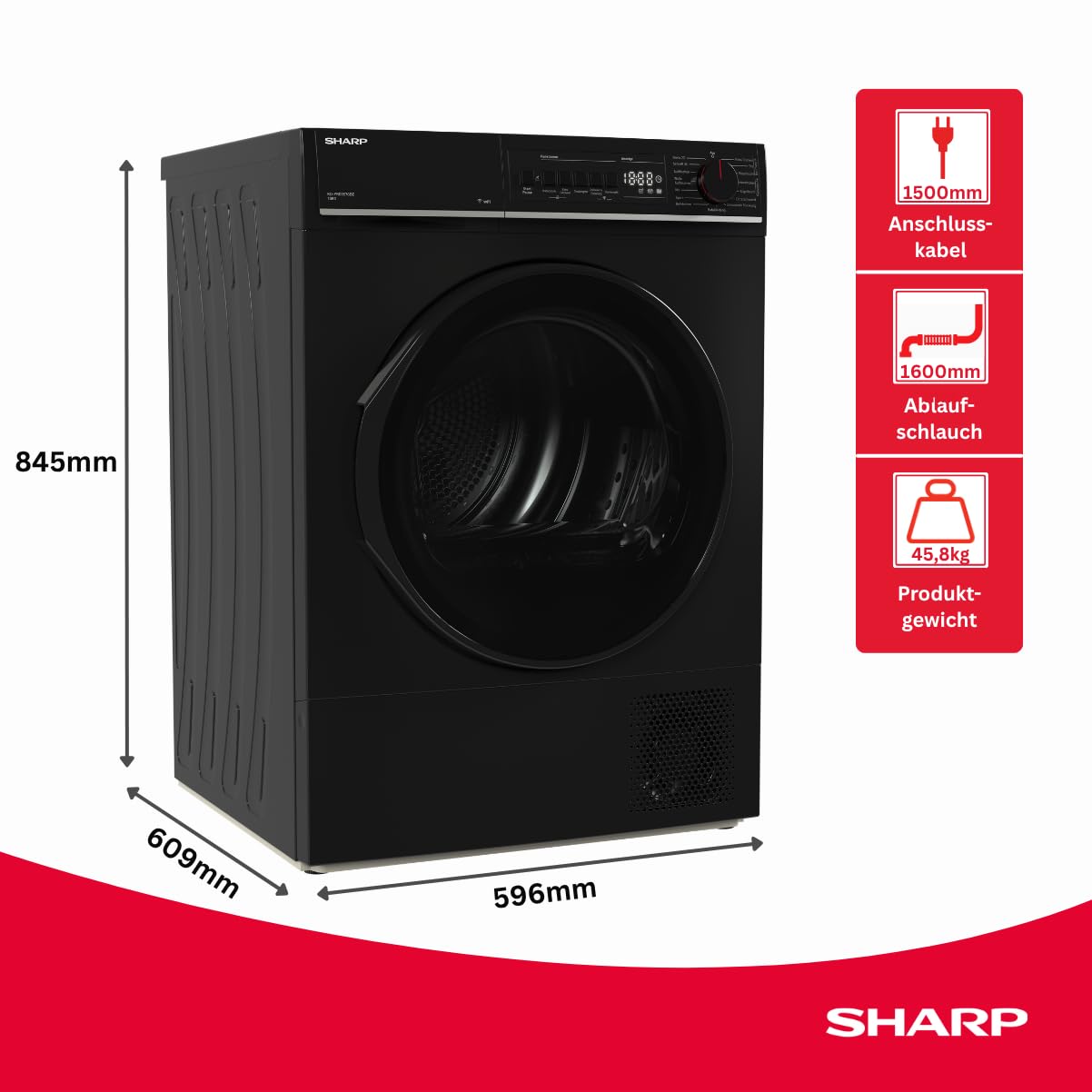 SHARP KD-PRO0S7GBD-DE Wärmepumpentrockner (10 kg, EEK D), (15 Trockenprogramme, 20 Min. Kurzprogramm, WiFi, Edelstahltrommel mit LED-Beleuchtung), Schwarz