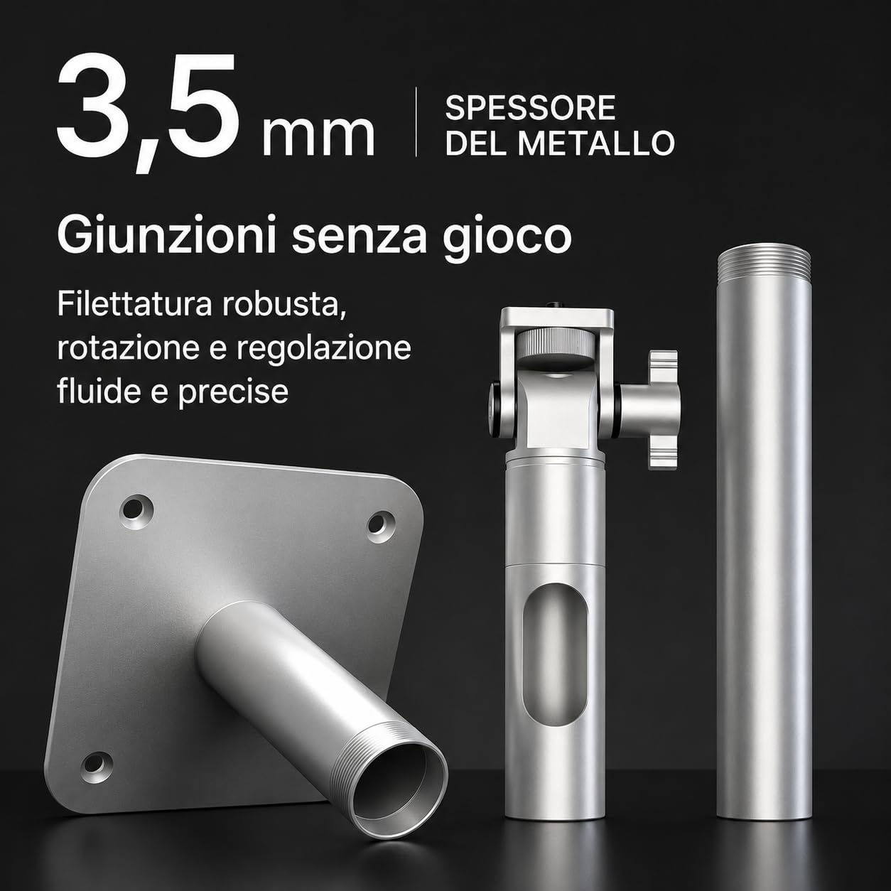Staffa a Soffitto e Parete per Proiettore – Supporto Universale, Portata 10 kg, Regolabile 11-51 cm, Filettatura 1/4", Alluminio Al6063, Rotazione 360°, Cavo Nascosto, Argento