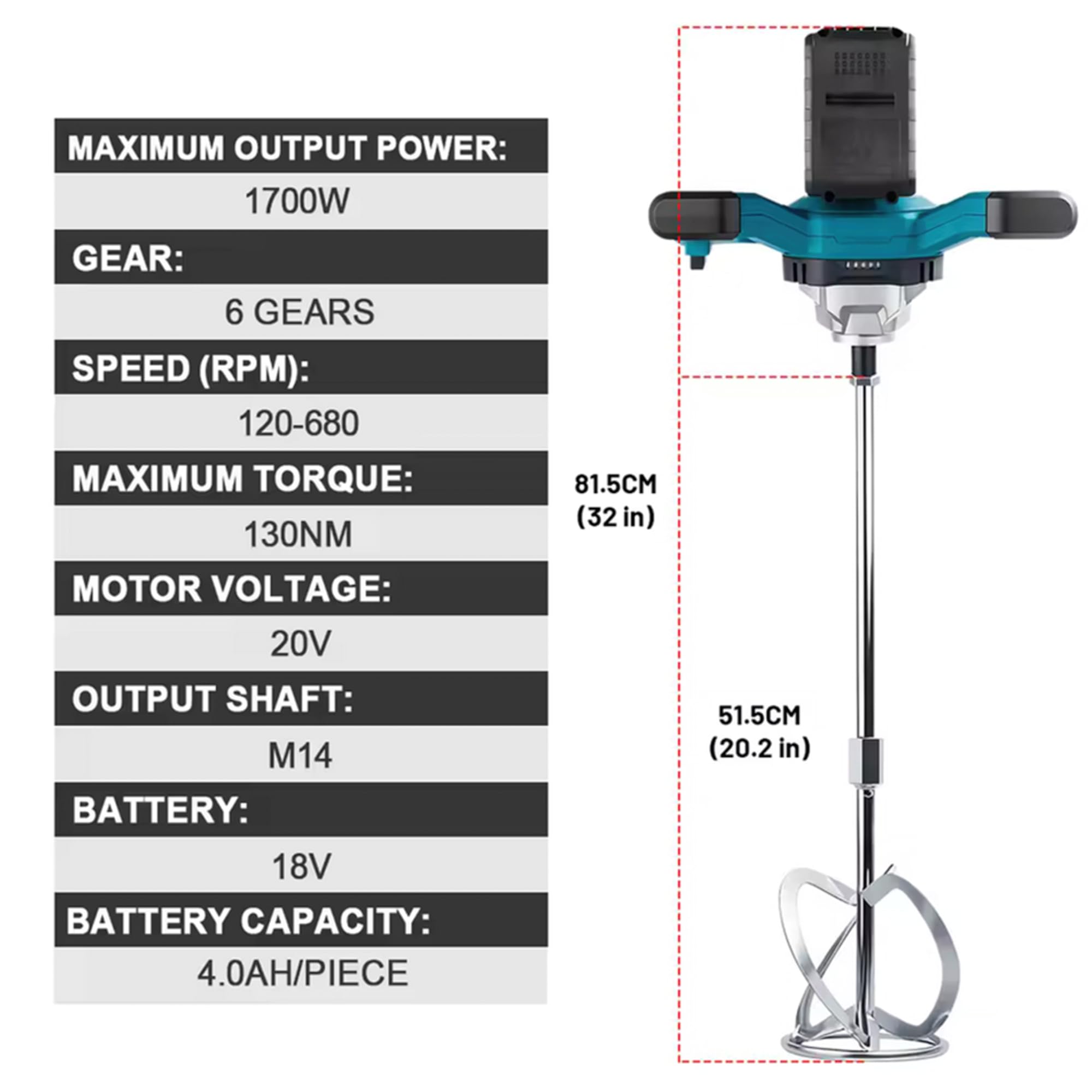 Miscelatore per malta con batteria 2 x 4,0 Ah, 1700 W, miscelatore per vernice e malta regolabile a 6 velocità, con manico impastatrice rivestito miscelatore, per miscelazione cementizia, calcestruzzo