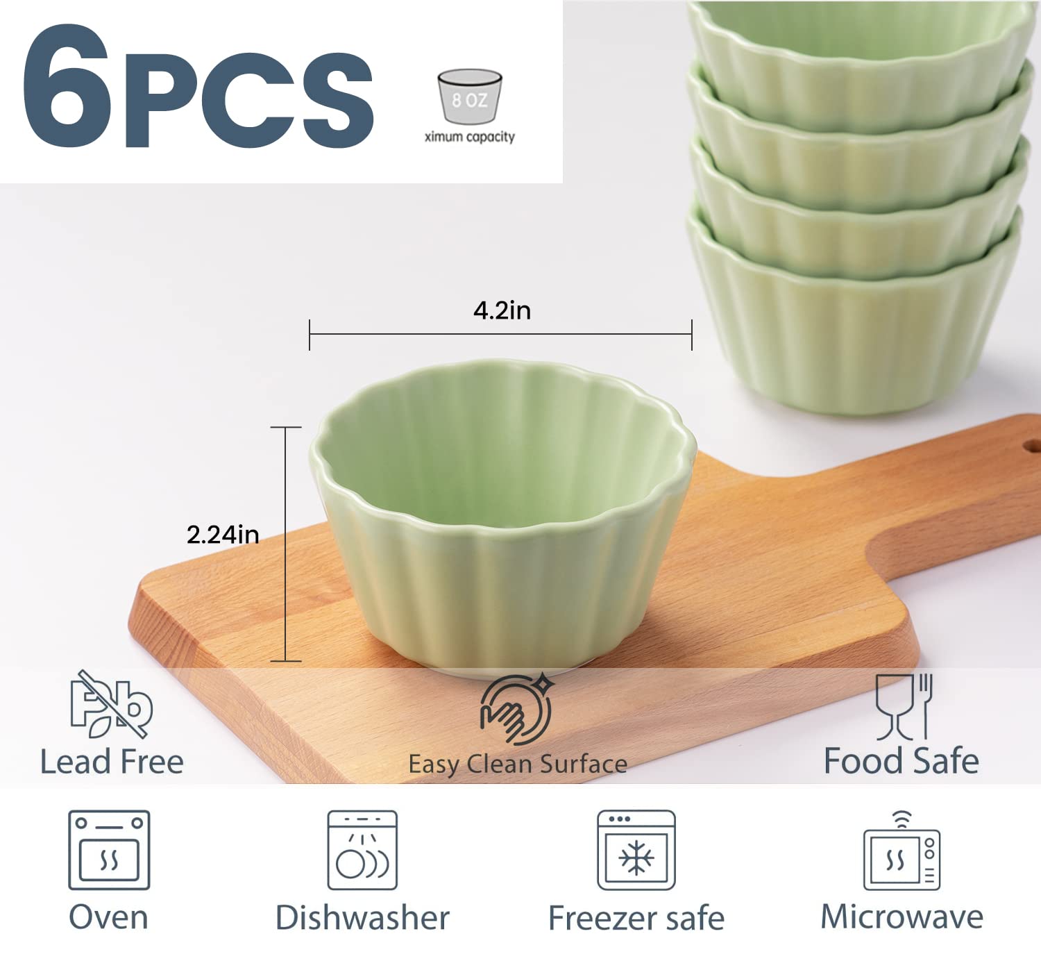 8 oz Ramekins Set of 6, Ramekins Oven Safe, Porcelain Ramiken Set, Souffle, Custard Cups for Baking, Green Halloween Candy Bowl,Halloween Party Supplies ,Halloween Ceramic Bowls.