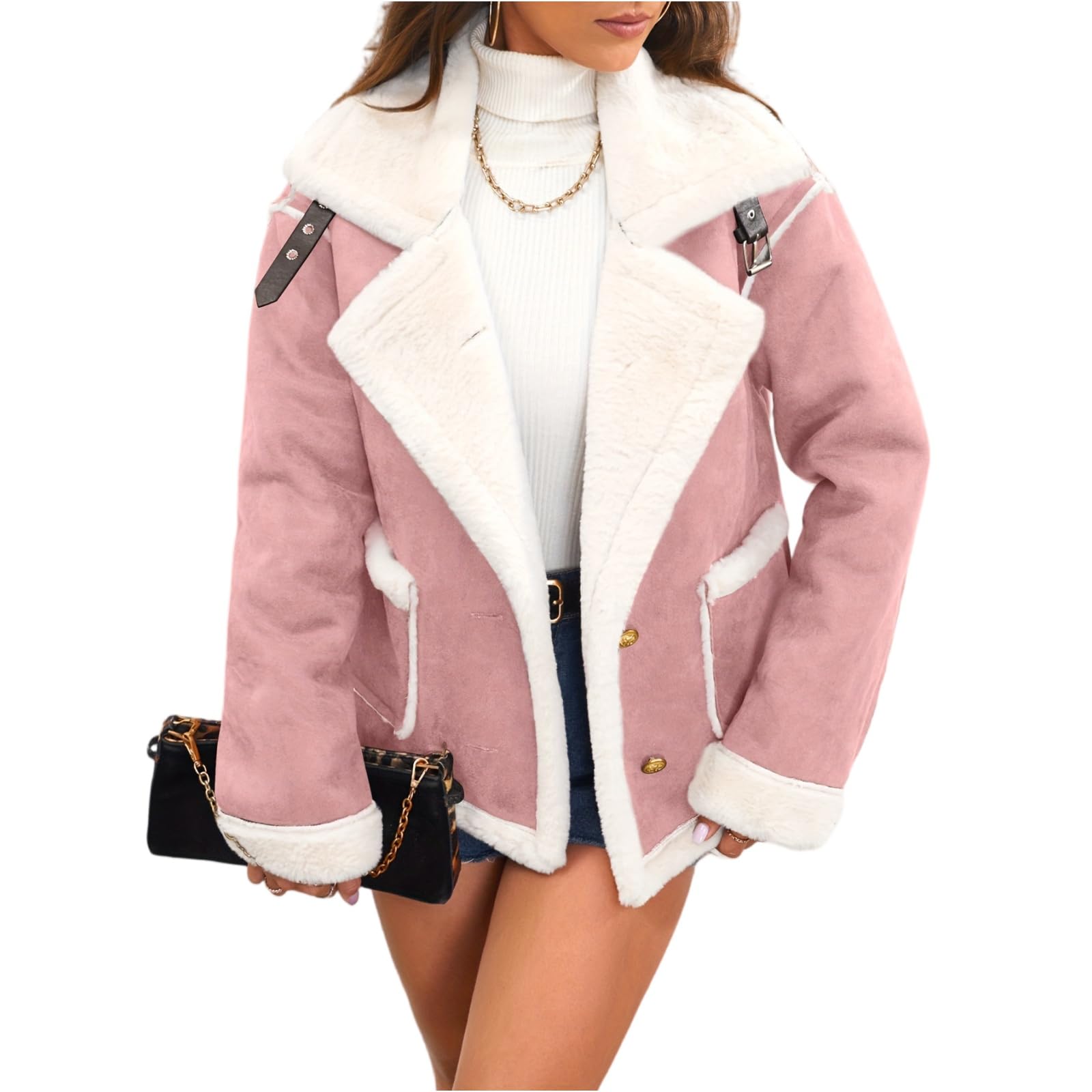 Generisch Fleecejacke Damen Warm Winterjacke Elegant Teddyjacke Einfarbig Damenjacken Mit Taschen Übergangsjacke Mit Knöpfen Plüschjacke Winter Plüschmantel Winddicht Flauschjacke Langarm Casual