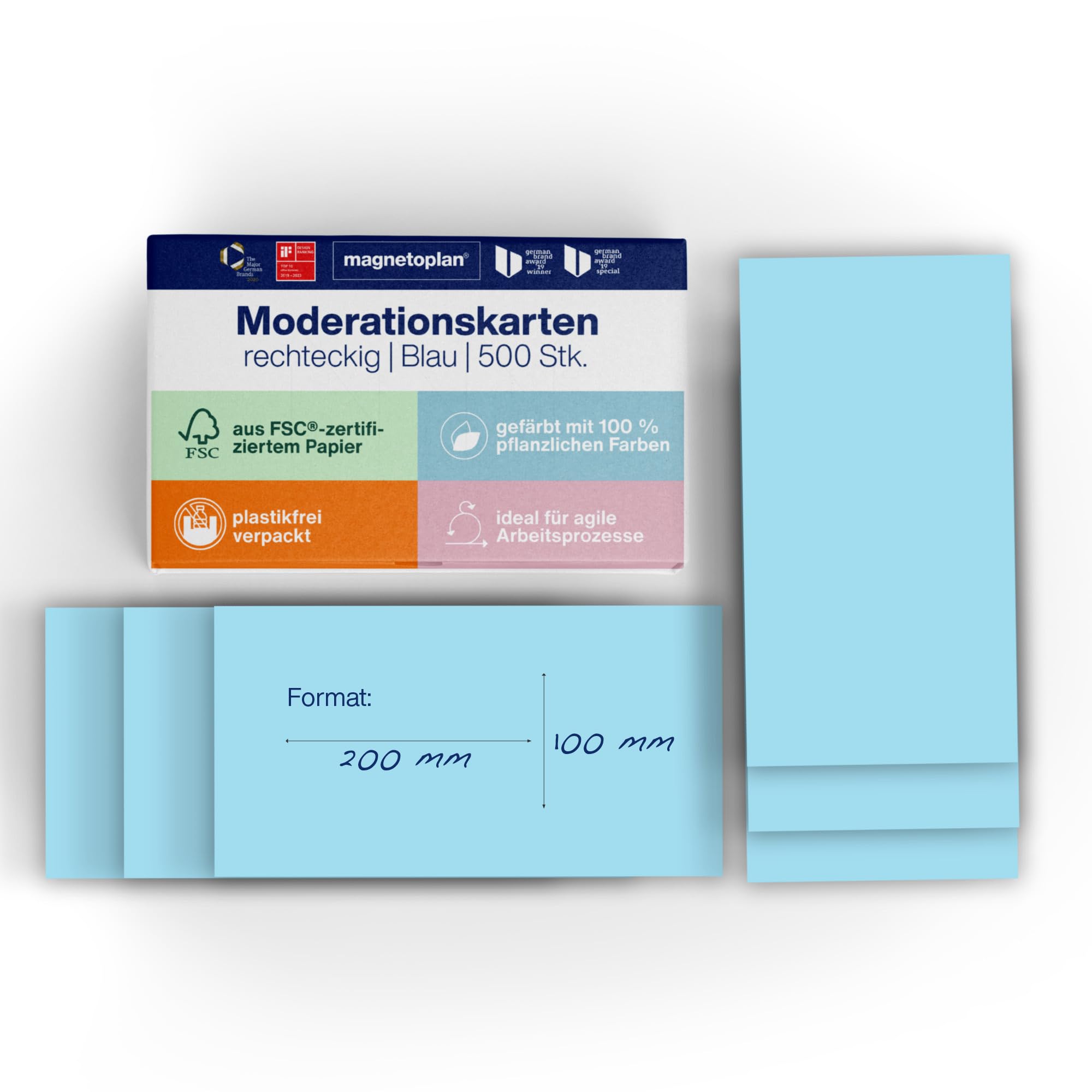 magnetoplan Moderationskarten, rechteckig | BxH 200x100 mm | 500 Stück | Kommunikationskarten in blau | Für Meetings und Präsentationen | FSC-zertifiziert