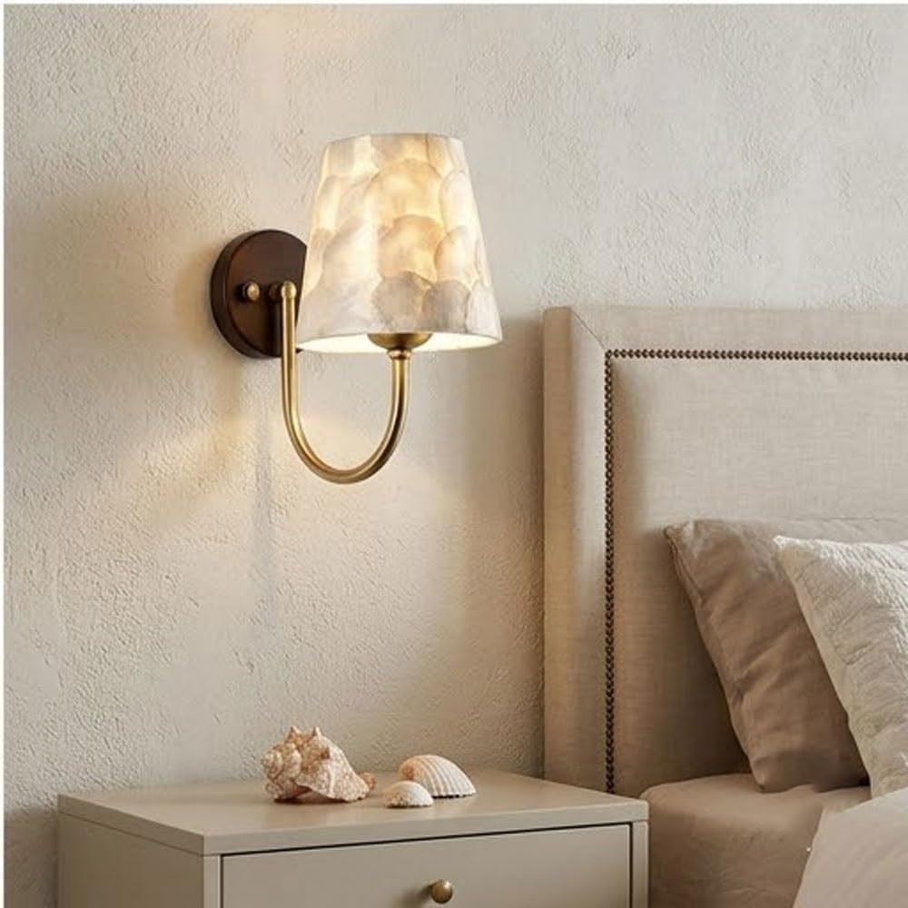 Aplique de Pared para Interiores, Dormitorio, Pasillo, Pantalla Moderna en Forma de Concha, con Brazo metálico Curvado y Placa Trasera Redonda, lámpara de Techo para Sala de Estar,