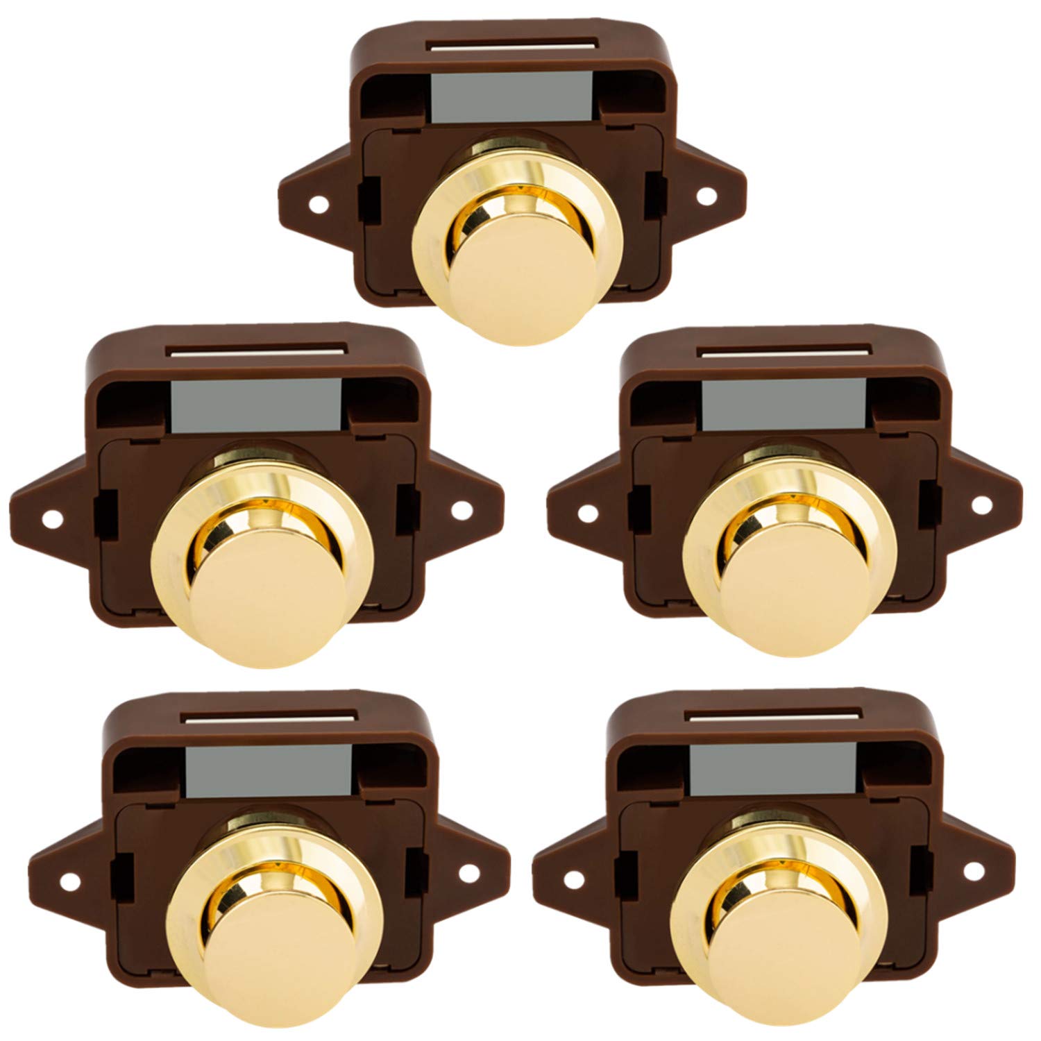 OCGIG 5 PCS Keyless Push Button Catch Door Knob Lock for RV Caravan Cabinet Boat Motor Home Cupboard,Brown Gold