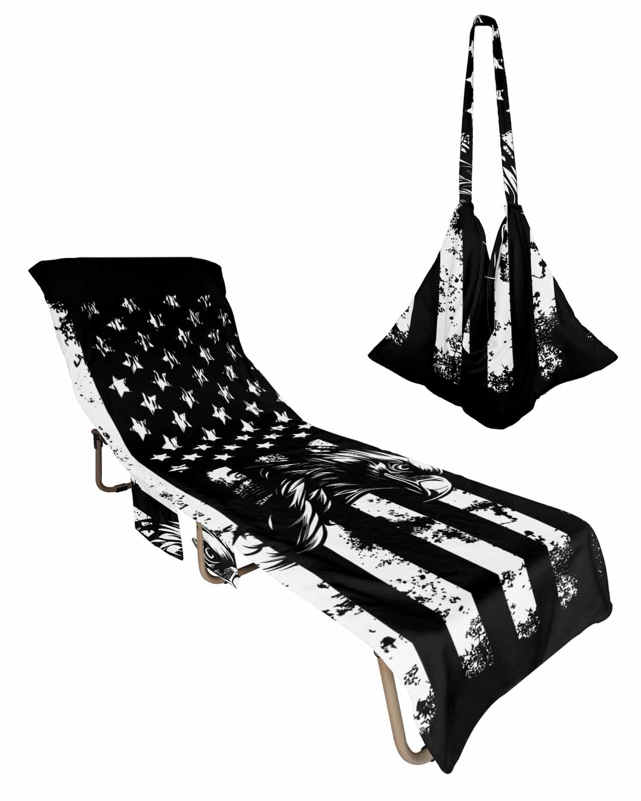 Black Eagle 4th of July Beach Lounge Chair Towel Cover, Soft Chaise Lounge Towel with Side Pockets Patio Pool Chairs Cover for Beach/Pool Sunbathing 29x85 Independence Day American Flag