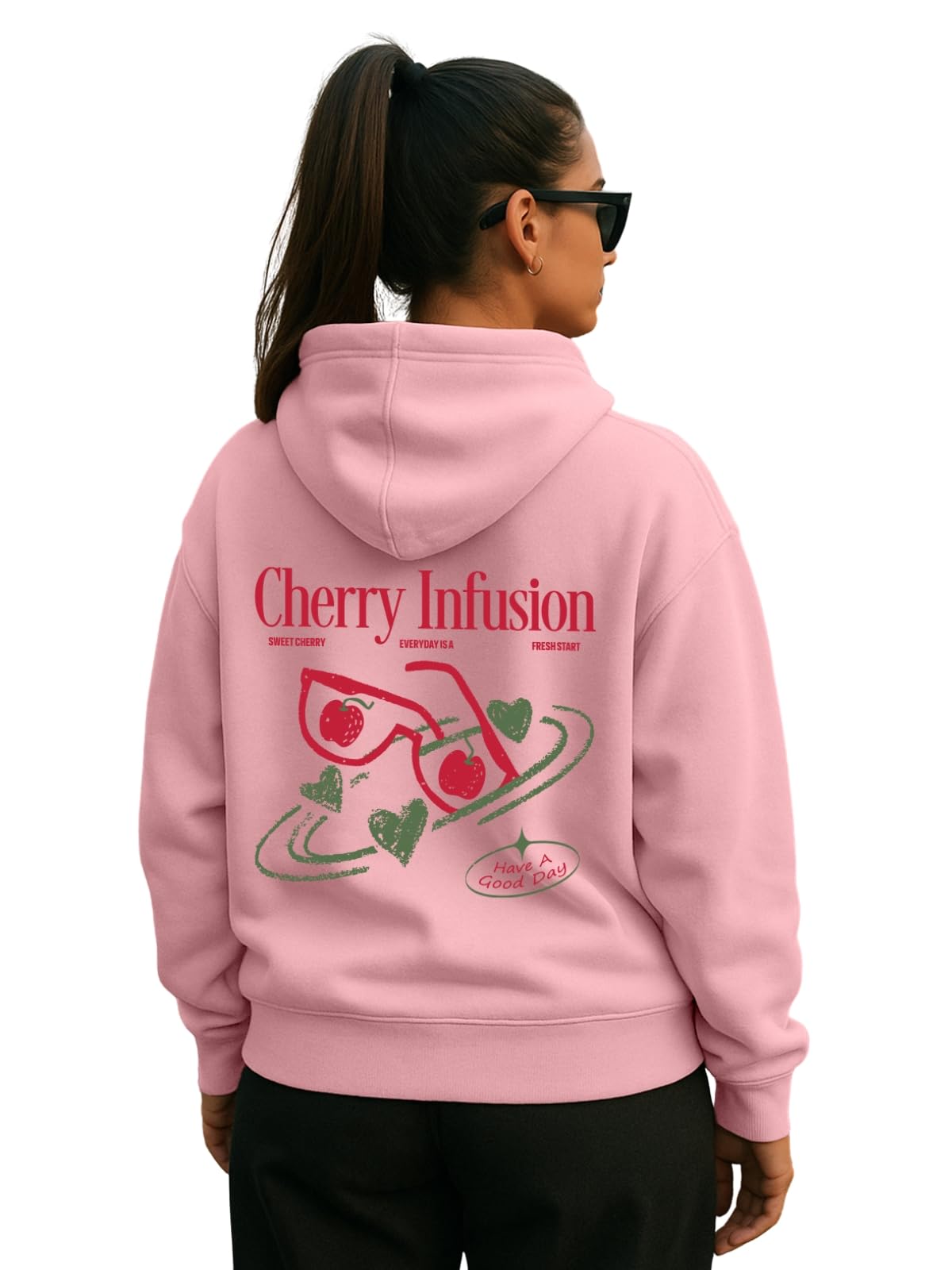 JUNEBERRY Policowo-bawełniana bluza z kapturem z długim rękawem, oversize, bluza z kapturem z długim rękawem, graficzny nadruk z kapturem dla kobiet (kolory: Marshmellow, różowy, czarno-czerwony)