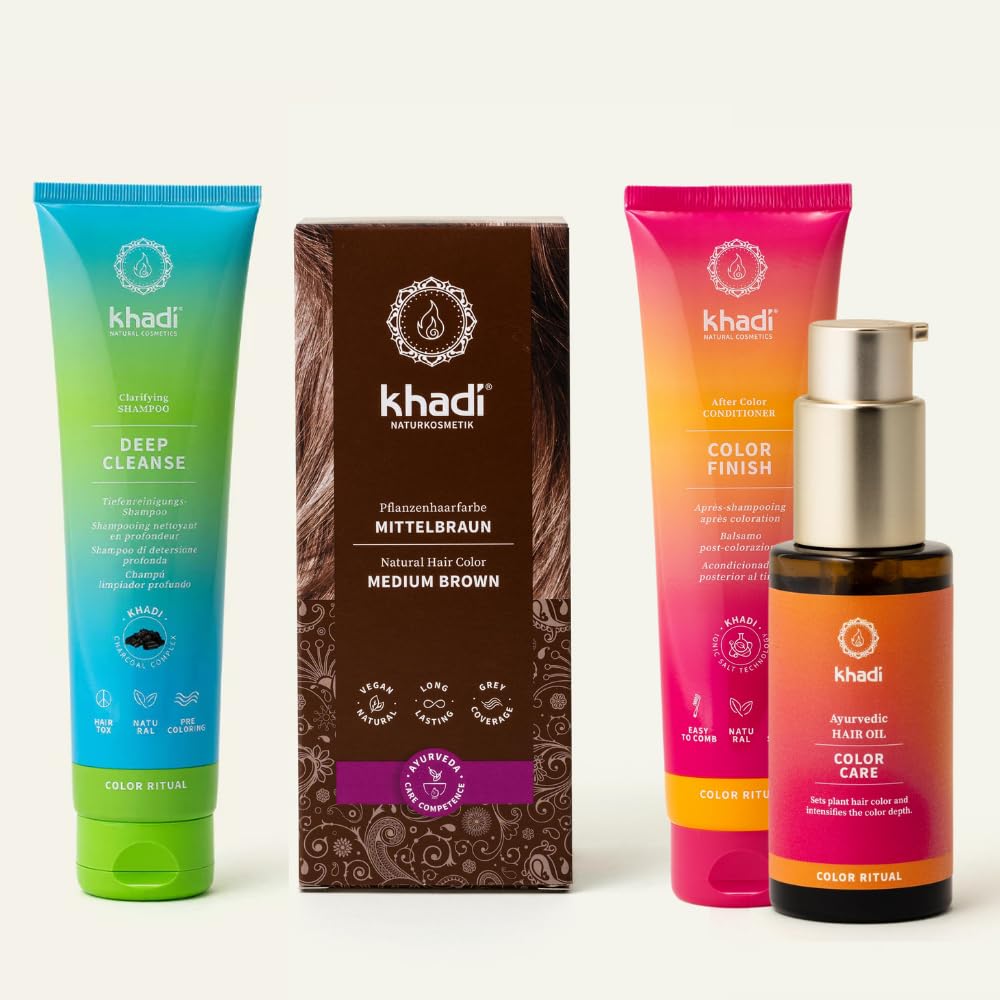 Kit complet khadi ColorCycle CHÂTAIN MOYEN Coloration de cheveux naturelle + DEEP CLEANSE Shampooing clarifiant + COLOR FINISH Après-shampooing après coloration + COLOR CARE Huile capillaire Ayurvédiq