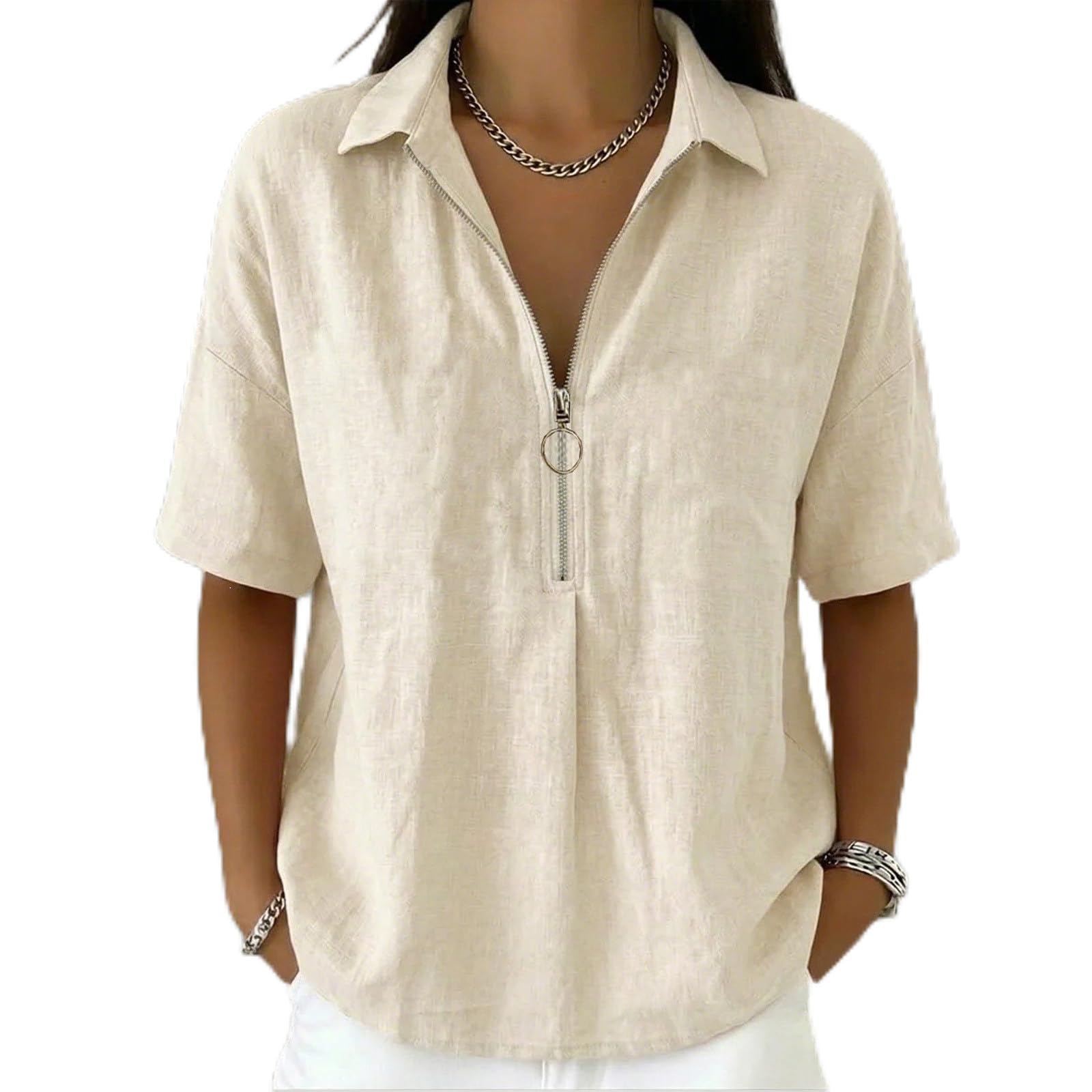 Camicia da donna in lino, a maniche corte, casual, estiva, leggera, mezza cerniera, scollo a V, casual, estiva