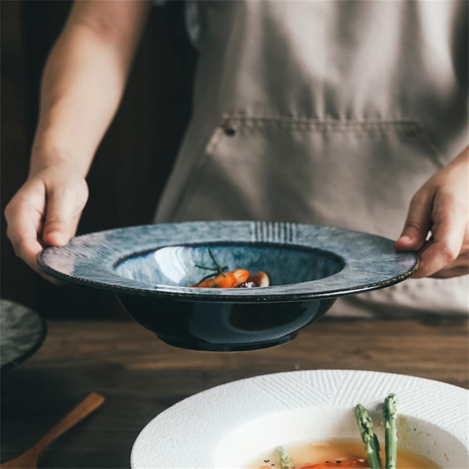 QUINTO Matte Gray, Tazón de Pasta de Porcelana Estilo japonés, tazones con Borde de 10 "de diámetro, tazones de Sopa para Cocina con Borde Ancho