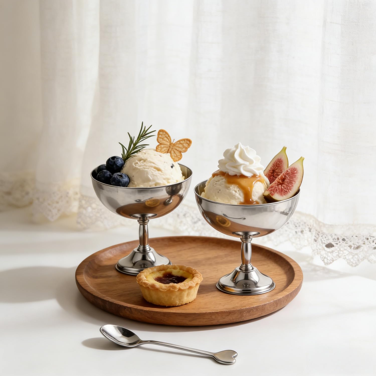 Tissting 8 ciotole per gelato, 270 ml, in acciaio inox, riutilizzabili, con base argentata, con cucchiaio o forchetta, per dessert, yogurt congelato, gelato, decorazioni per feste di compleanno