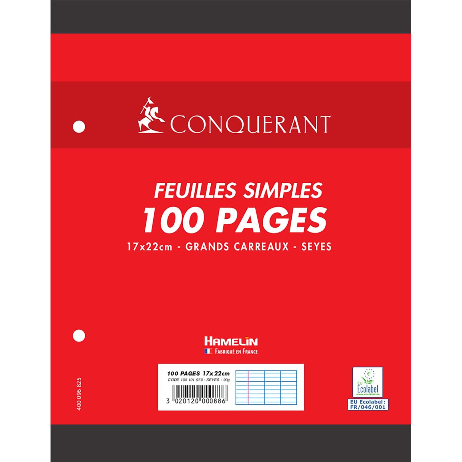 CONQUÉRANT Lot de 2 Feuilles Simples 17x22cm 100 Pages 90G Grands Carreaux Sous Film Blanches