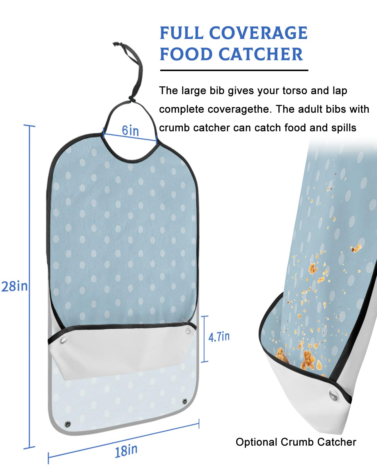LEOKOTI Spring Easter Adult Bibs for Eating, Waterproof Bibs with Food Catcher & Adjustable Snap Closure, Blue Backdrop with Polka Dot Washable Clothing Protectors Adult Bibs for Elderly Women/Men