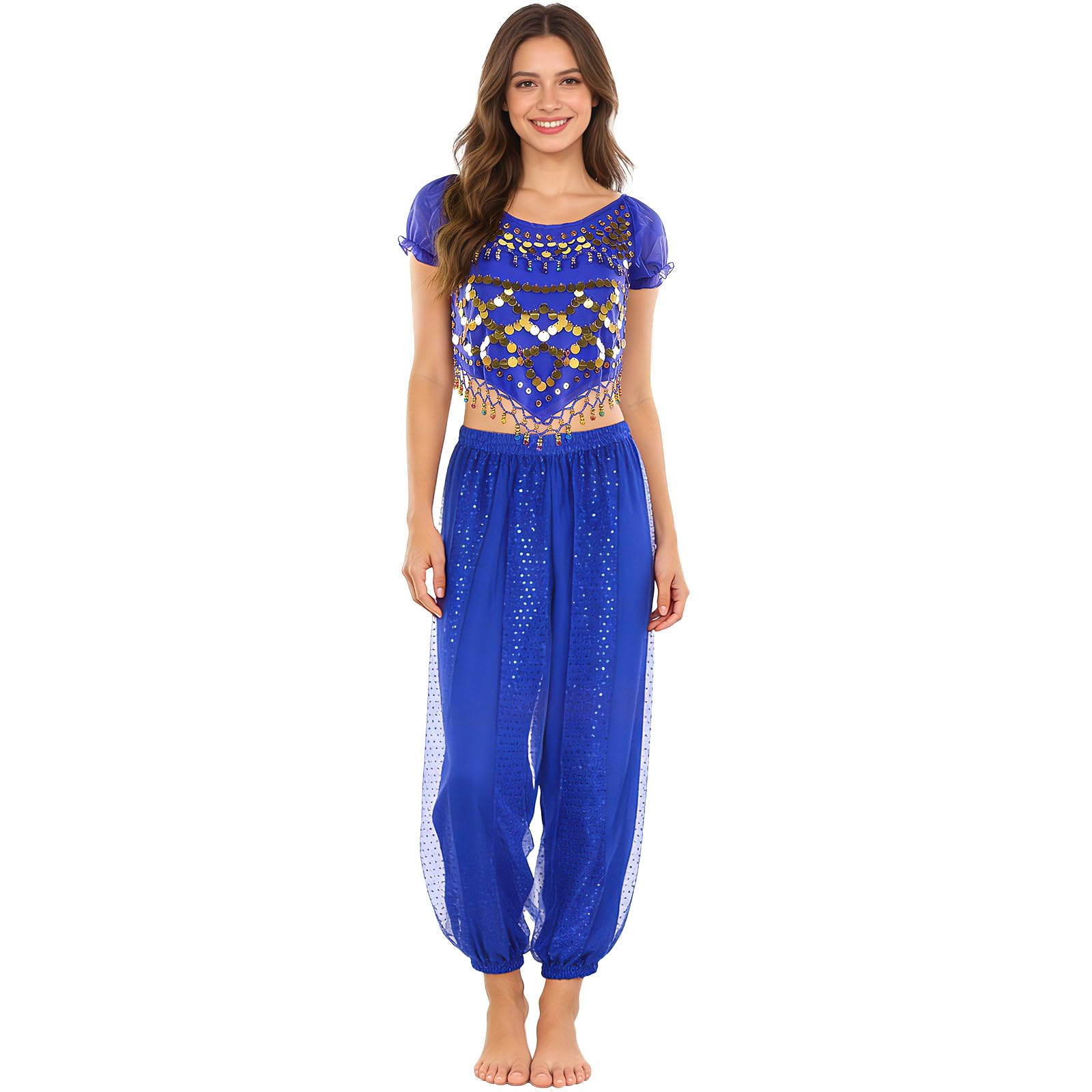 Baisdan 2 Piece Belly Dance Costume, Jasmine Costume Adult Top Lantern Pants Set for Arabian Indian Halloween Carnival Dance Performance Dark Blue