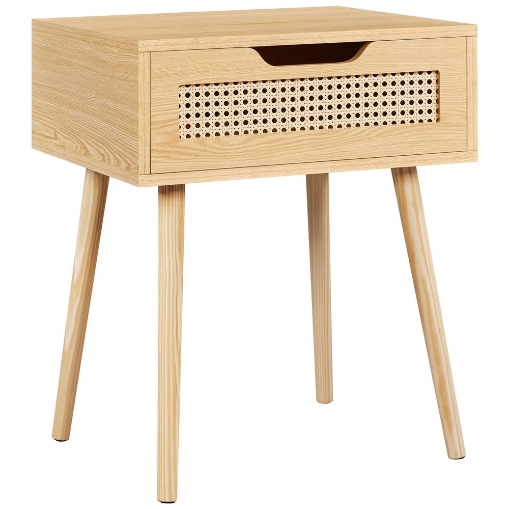 Yaheetech Comodino da Camera da Letto Comodinio con Cassetto in Rattan Comodino da Notte Stile Scandinavo Organizzatore da Letto Moderno Tavolino da Salotto in Legno 48,5 x 41 x 57,5 cm Marrone Chiaro