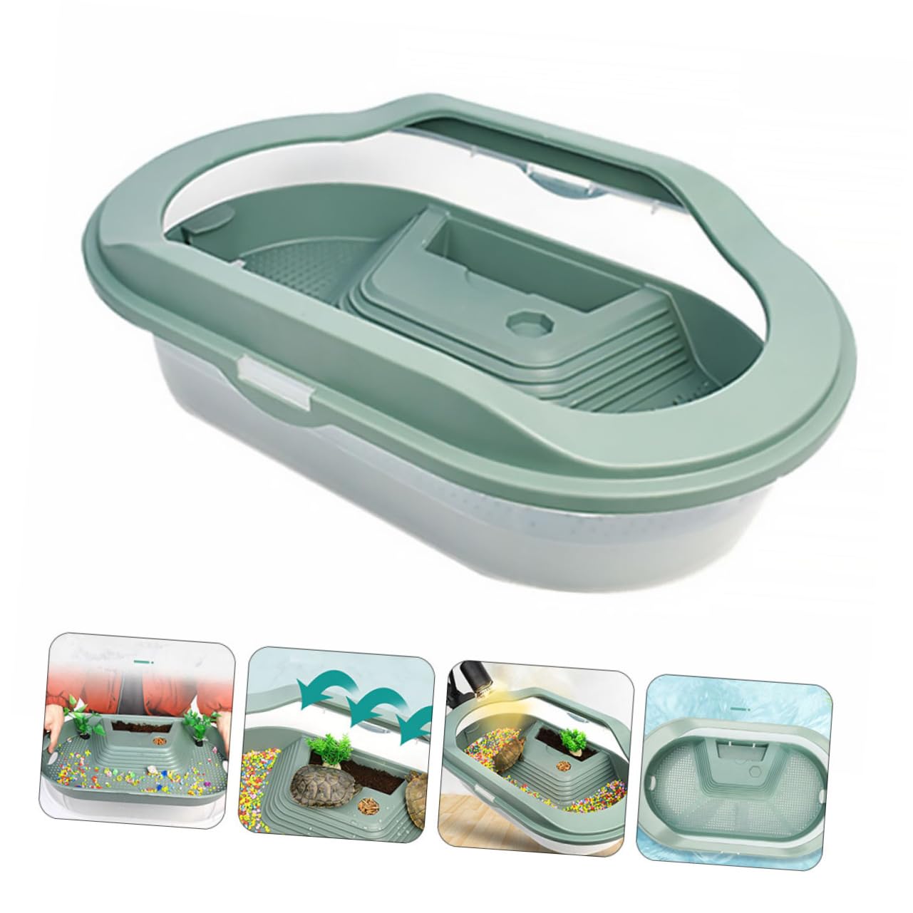 Terrario per Tartarughe in Plastico Verde, Habitat con Piattaforma per Basking, Area di Alimentazione e Nuoto, Fondo Antiscivolo | 5 Zone Interne, Area Anti-scivolo e Zona Alimentazione, Plastico Verde per Rettili