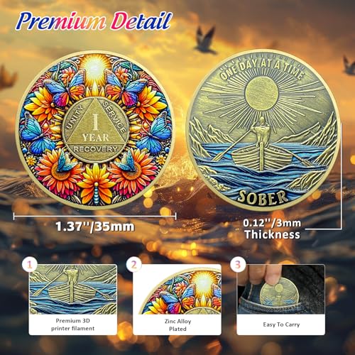 Image of Delicate Sunflower 1 Year Sobriety Coin - Three Year Recovery Butterfly AA Coins - One Day at A Time NA HA AA Chips and Medallions - 1-40 Years Living Clean Alcoholics Anonymous Gifts for Men Women