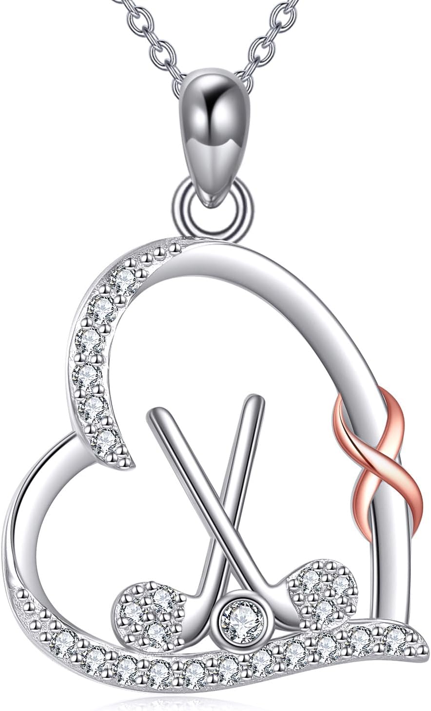 YAFEINI Sports Lovers Gifts Sterling Silver Golf/Hockey/Baseball/Lacrosse Pendant Necklace Infinity Heart Sports Jewelry for Women and Her