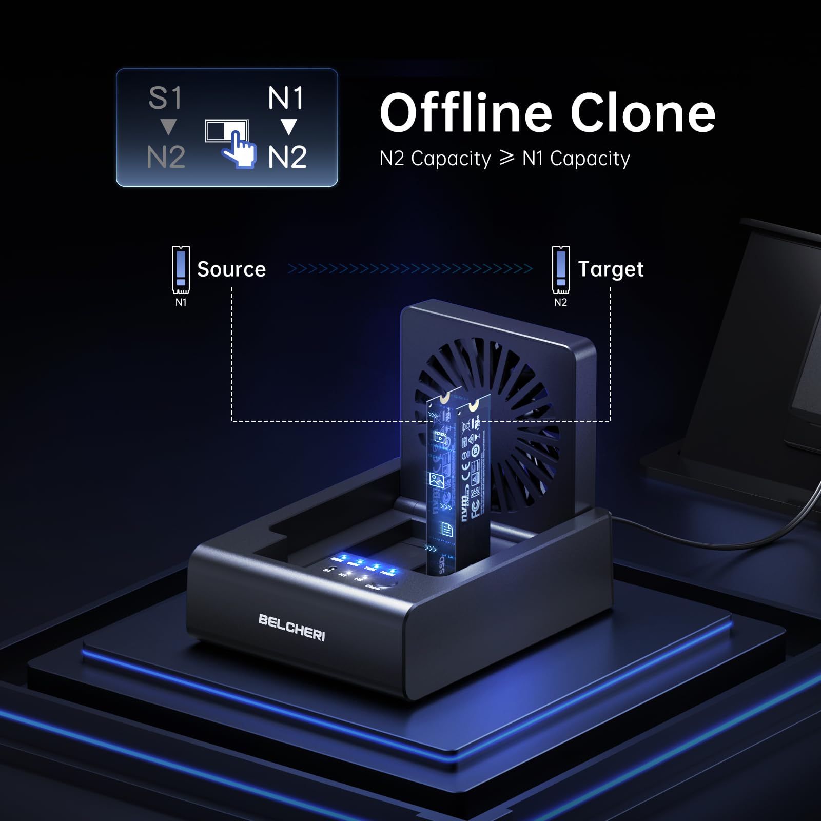Base de 3 bahías para clonación de discos duros, USB 3.2 Gen 2, 10 Gbps, para M.2 NVMe SSD y SATA HDD de 2,5"/3,5", HDD/M.2 NVMe SSD Cloner Docking Station con ventilador plegable