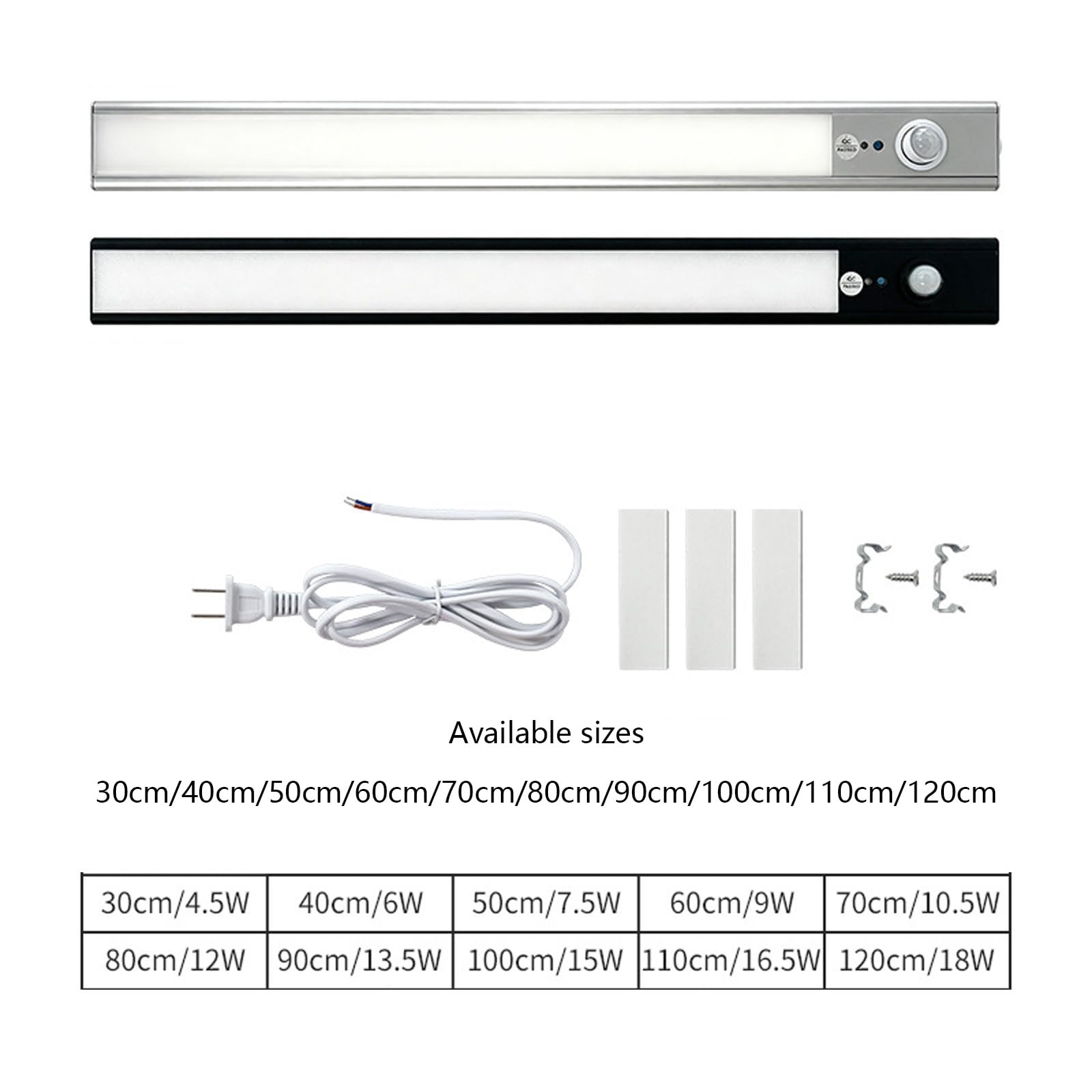Applique da Parete LED Interno 2700K/4500K/6500K Lampada da Parete con Sensore di Movimento Lampada a Muro con Interruttore e Spina per Armadi Scaffali (Nero,120cm)