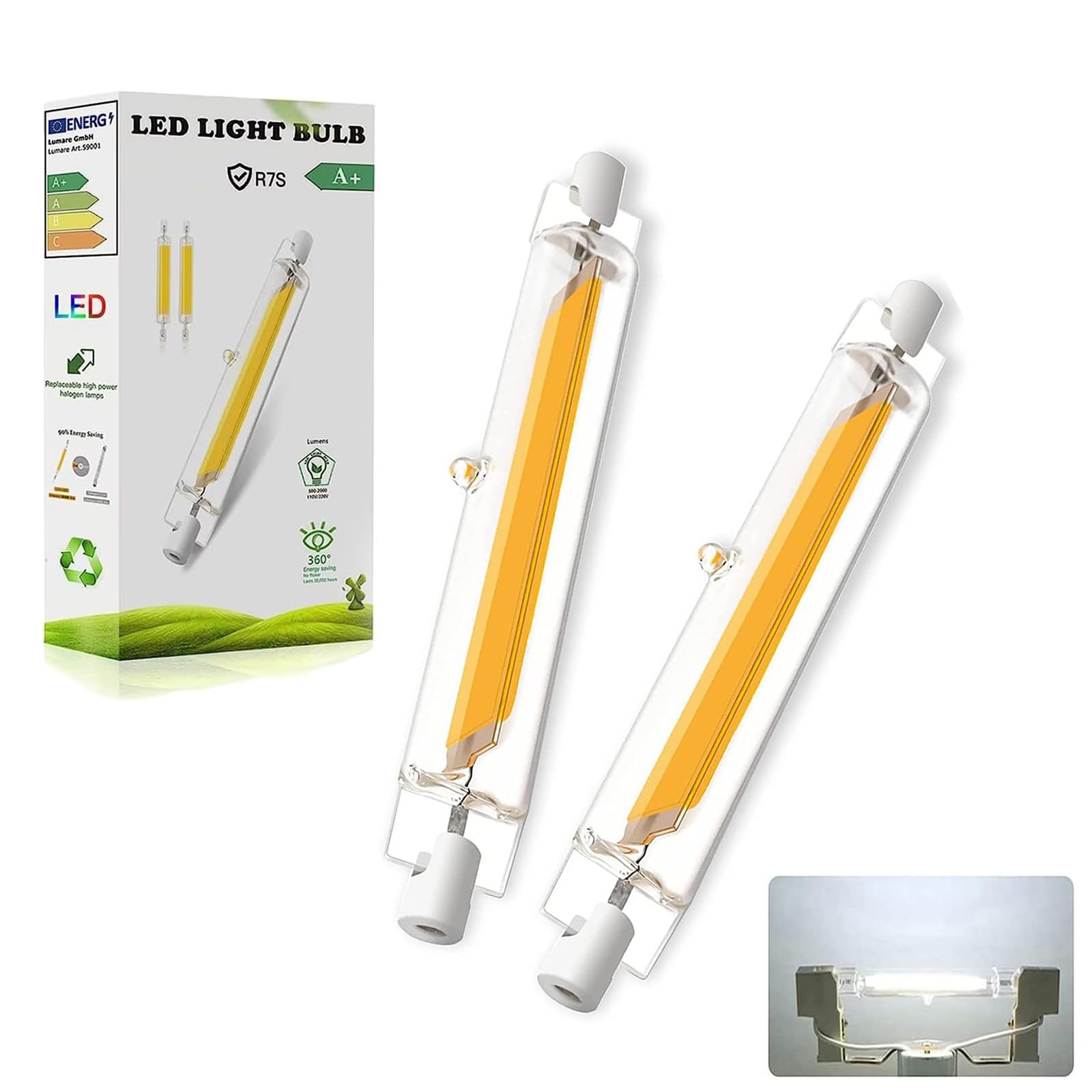 Dvnoua R7S LED 78mm Dimmbar | 10W R7S Lampen Ersatz für 100W J78mm Halogenstab, LED COB Glühbirne Kaltweiß 6000K, 1000LM Kein Flackern, 360°Abstrahlwinkel, R7 S 78mm Leuchtmittel, 2er Pack