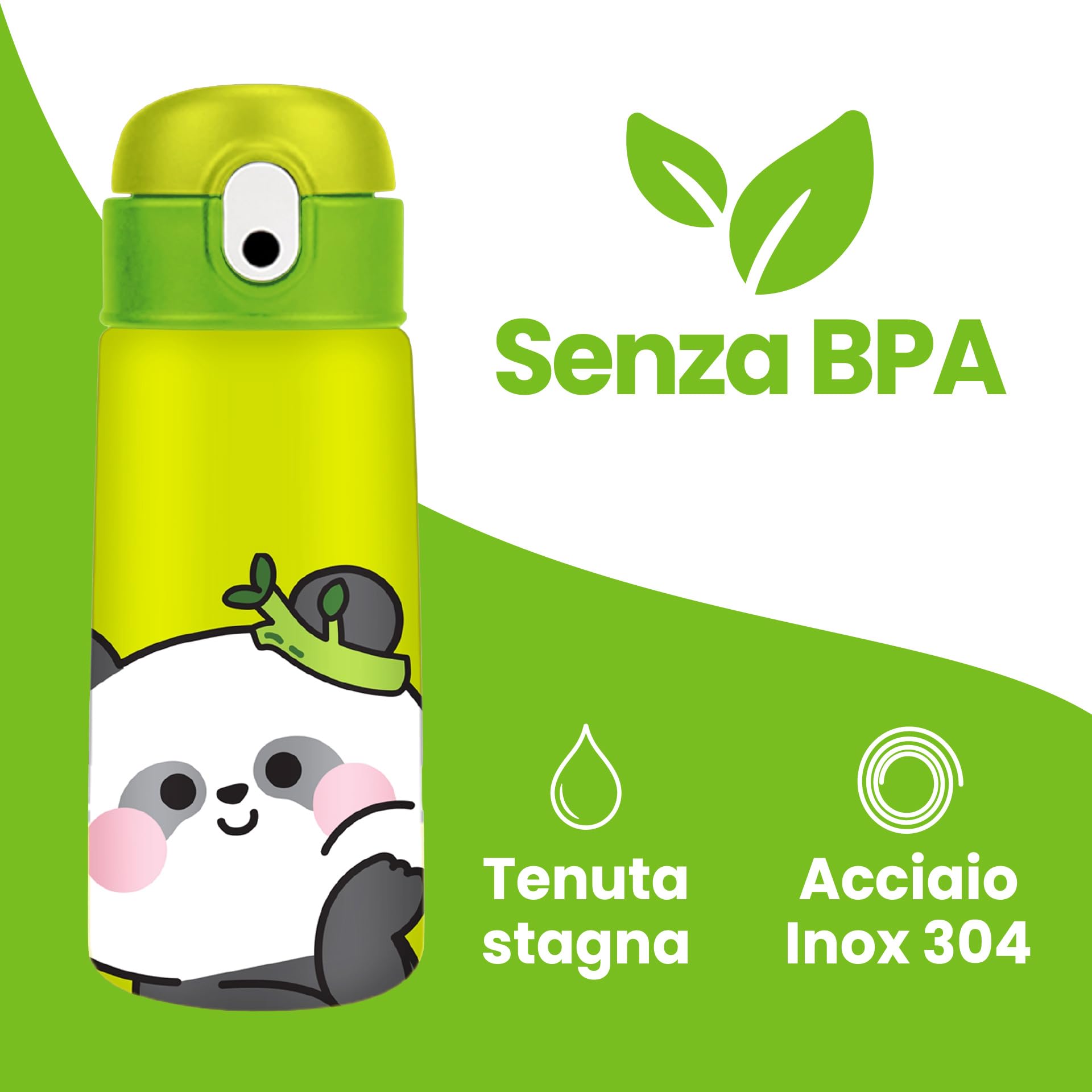 Borraccia termica Tema panda 460ml Acciaio BPA free Cannuccia Mantenimento caldo 12h freddo 24h