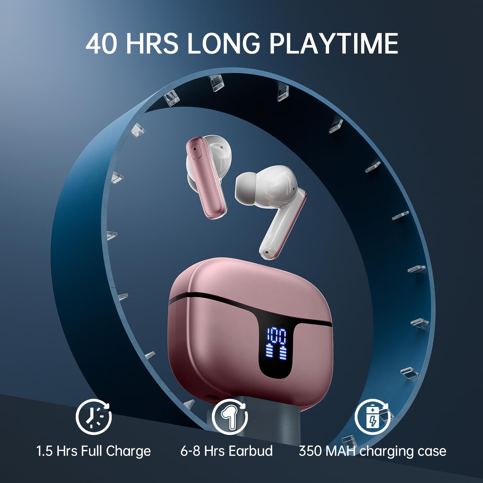 Cuffie Bluetooth, Auricolari Bluetooth 5.3 Stereo HiFi con Mic Cancellazione Rumore, Cuffie Wireless In Ear 40H LED Display Cuffiette Bluetooth IP7 Impermeabili Auricolari Senza Fili USB-C Rose Gold