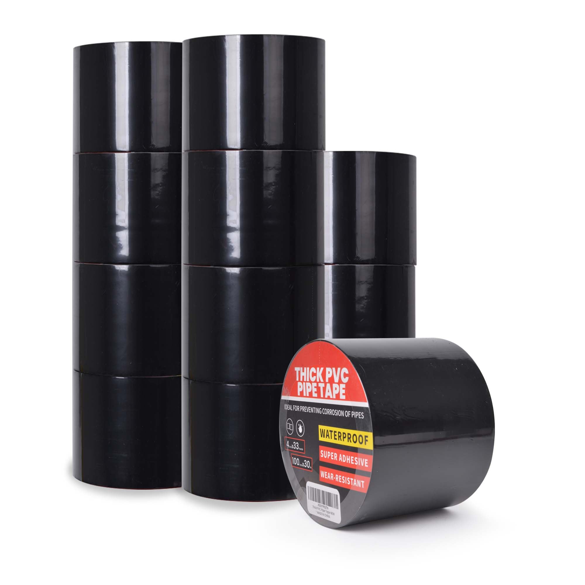 TAPEBEAR 12 Rolls Corrosion Protection Pipe Tape, 10mil Pipe Wrap Tape for Drain Pipe, Metal Electrical Outdoor Underground Pipe, Waterproof PVC Black Tape Thicker for Hose Leak Proof, 100mm x 30m — image 1