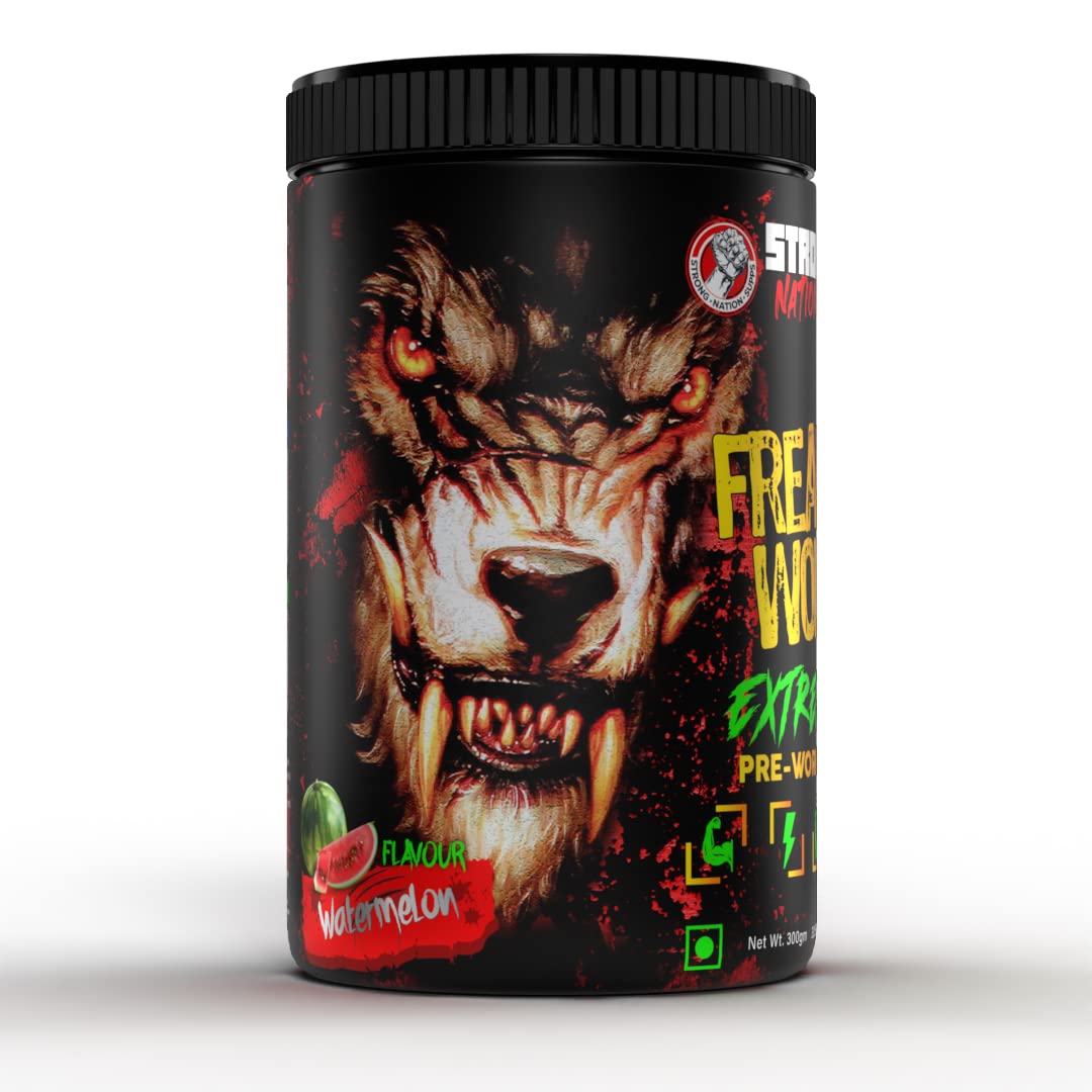 Strong Nation Freaky Wolf Extreme Pre Workout | Caffeine 300mg | L-Citrulline 1250mg | Beta Alanine 3500mg (Watermelon Flavour- 30 Servings - 300 Gm)