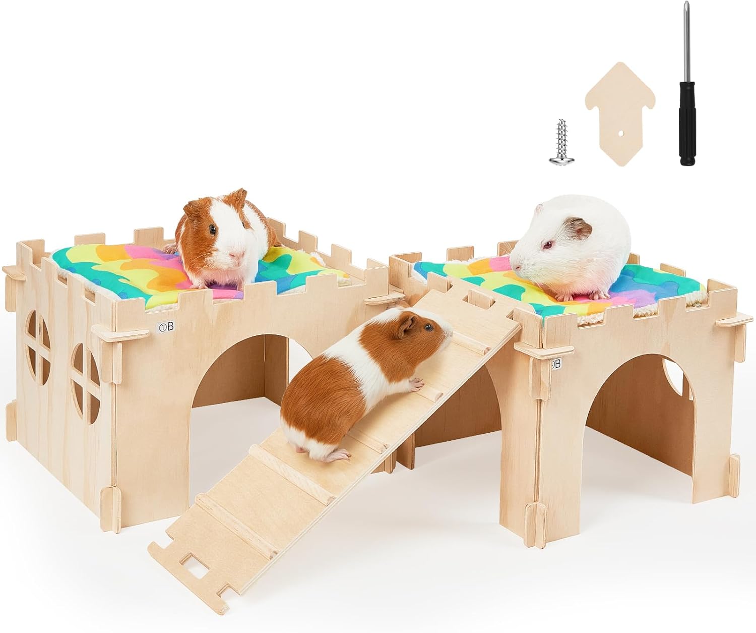 UnicornCatcher Extra Large Wooden Guinea Pig Hideout Castle with Stairs, Absorbent Mats & Multiple Doors for Small Pets
