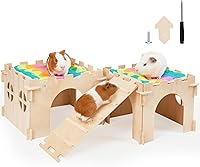 UnicornCatcher Extra Large Wooden Guinea Pig Hideout Castle with Stairs, Absorbent Mats & Multiple Doors for Small Pets