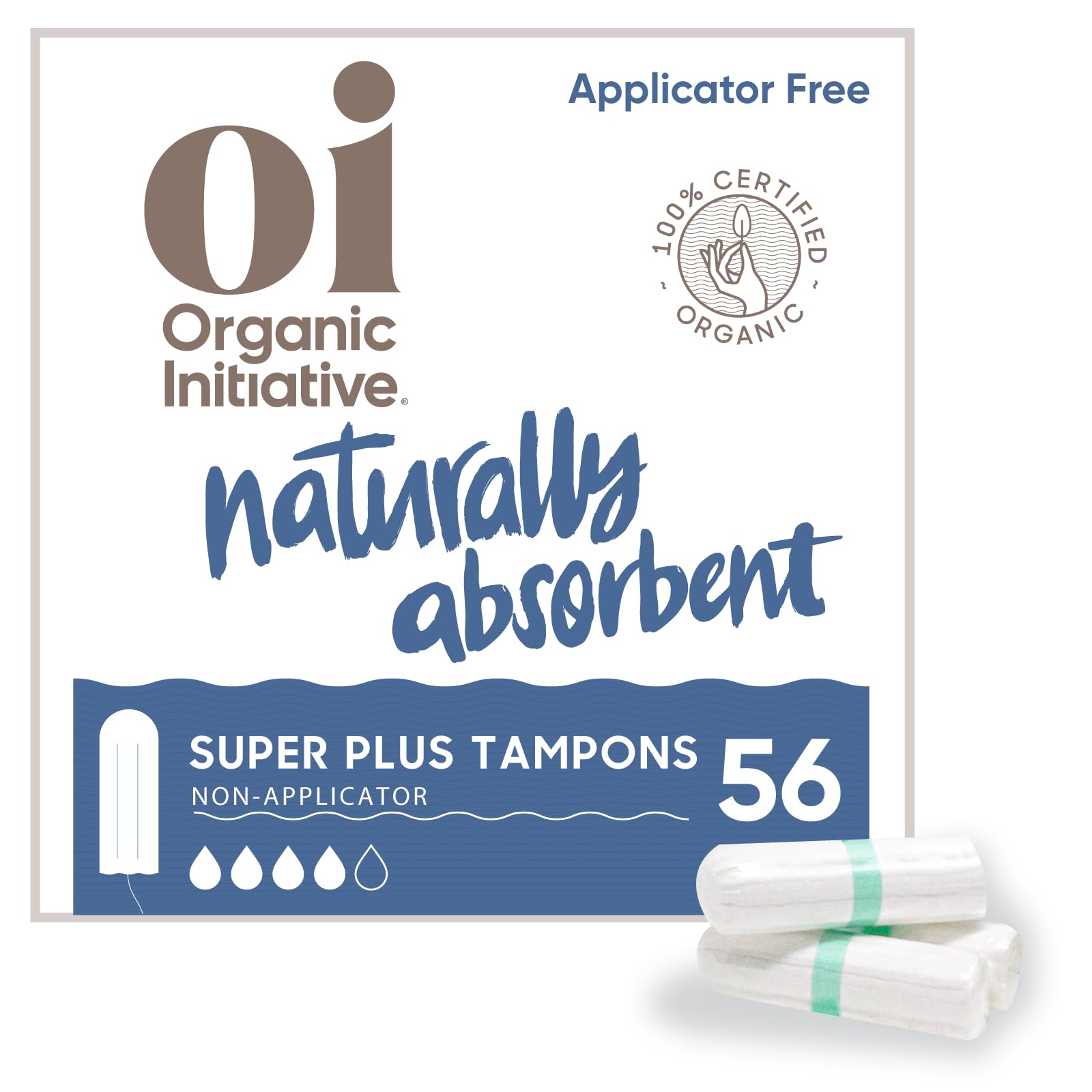 Oi | Organic Initiative - 100% Certified Organic Cotton Non-Applicator Tampons | Ultra-Absorbent, Unscented, Natural, Non-Toxic, Applicator Free | Super Plus | 56 Tampons