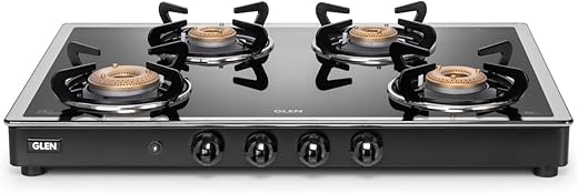 Glen Apex LPG Gas Stove 4 Burner Auto Ignition | Mirror Finished Glass Top | 1 Jumbo, 1 Medium & 2 Small Forged Brass Burners | 2 Year Warranty |…