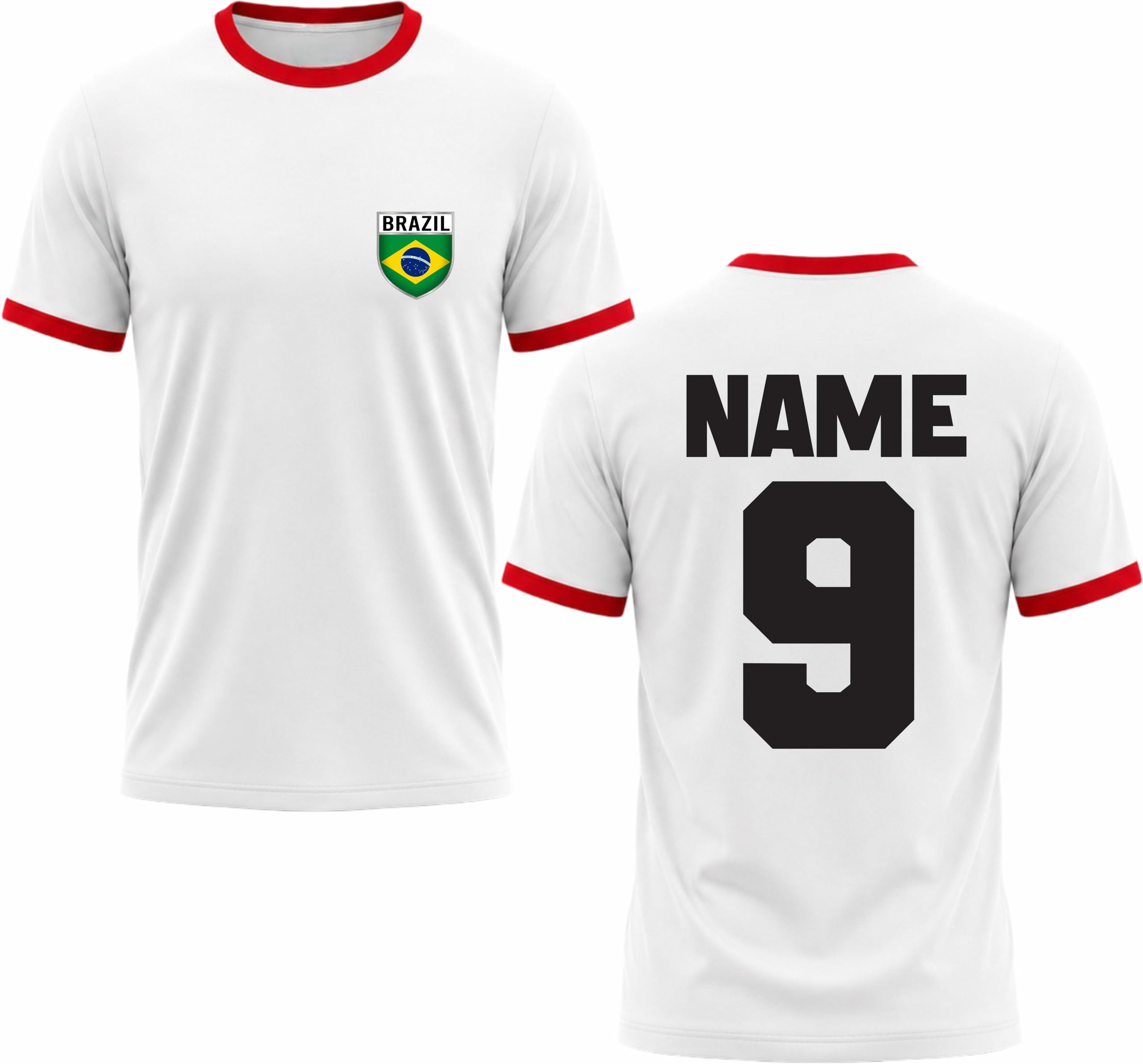 Personalised Brazil Football Ringer T-Shirt Brazil National Pride Tee Custom Name and Number Gift to White/Red