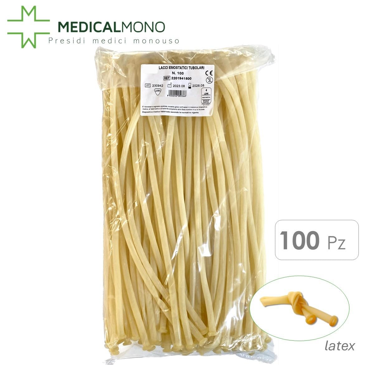 MEDICALMONO - Laccio Emostatico Tubolare In Lattice Con Bordi Arrotolati - 100 Pezzi