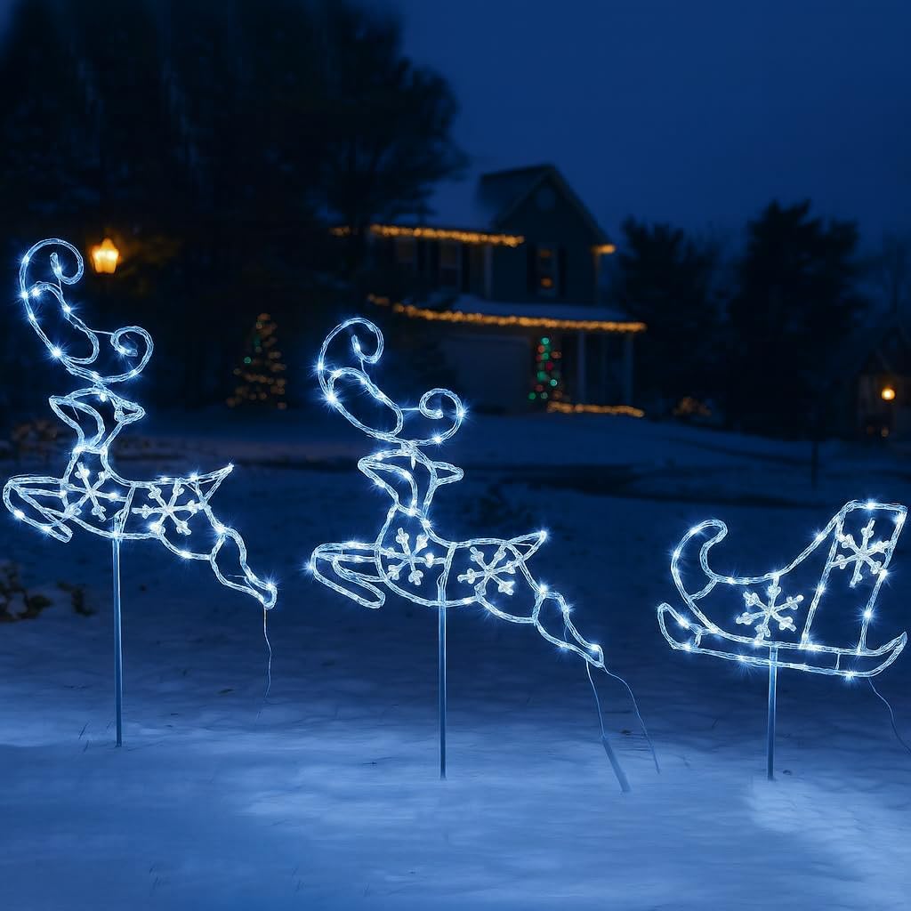 160cm Colour Changing LED Pre-Lit Acrylic Reindeer & Sleigh Indoor/Outdoor - Light Up Christmas Reindeer Decoration - Colour Changing Cool White or Warm White LED Lights - 80 LEDs (160cm x 90cm)