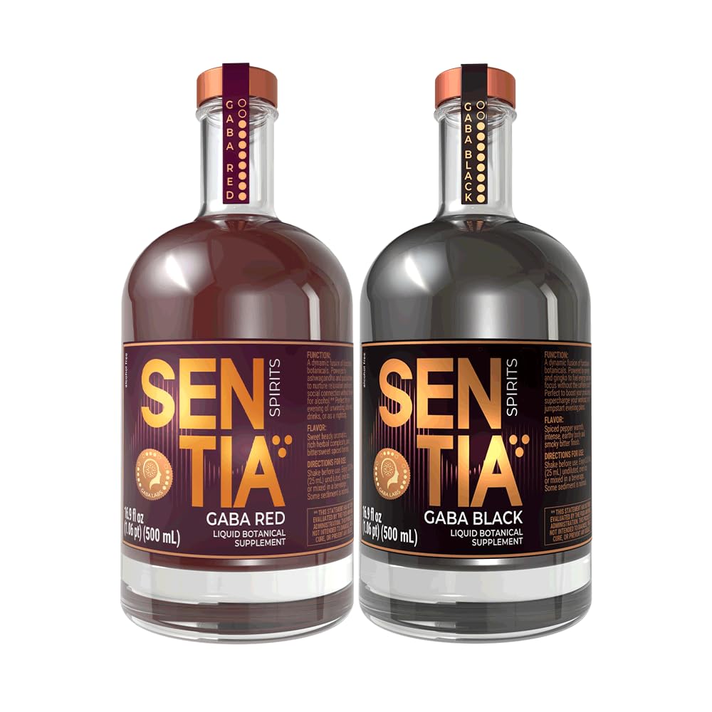 Sentia Gaba Black & Red, Botanical Non Alcoholic Functional Drink, Lo Cal., Vegan, Gluten Free, With Adaptogens & Nootropics, Award Winning, Designed for party starters, conversations and relaxation.